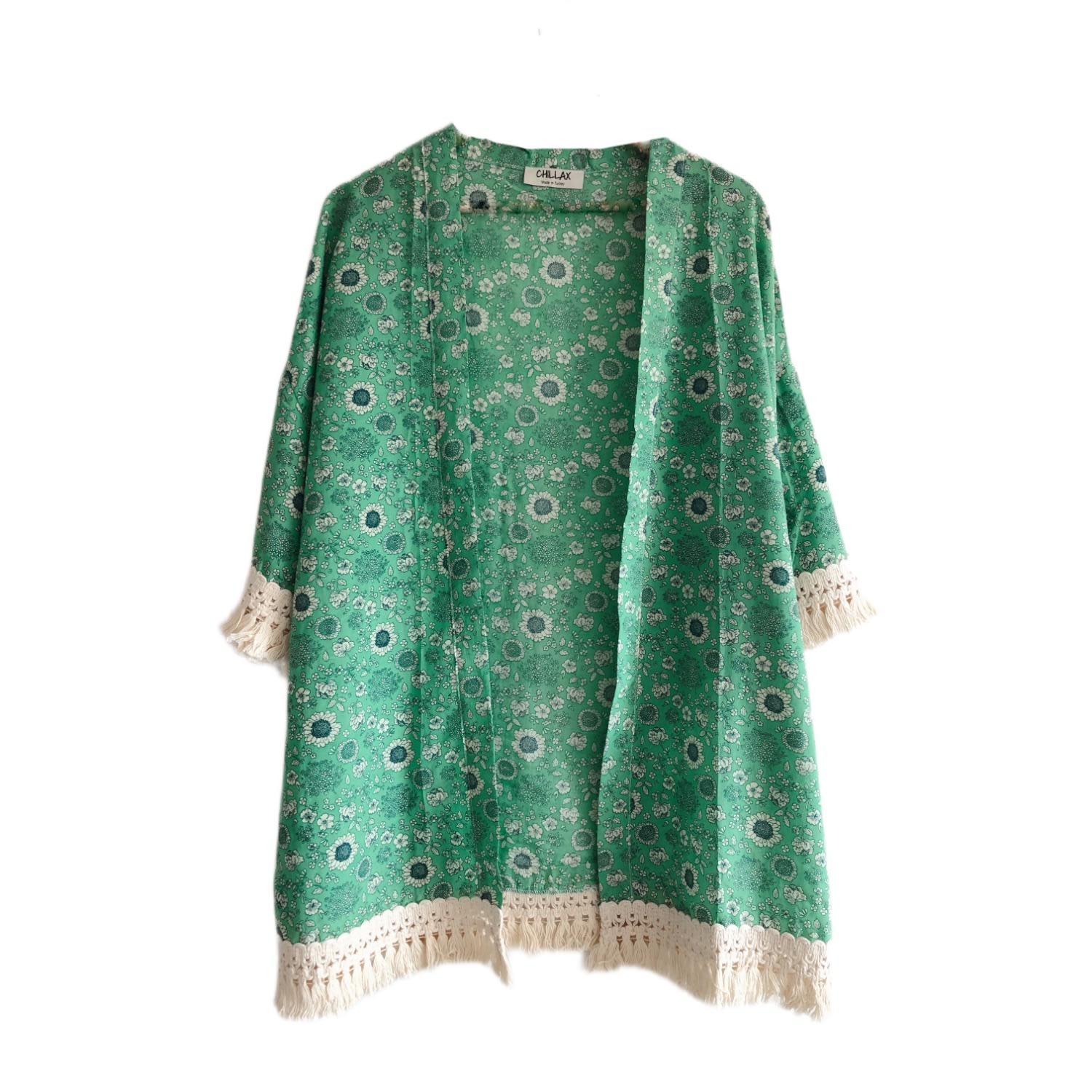 Chillax Women's Green Posy Fringe Kimono