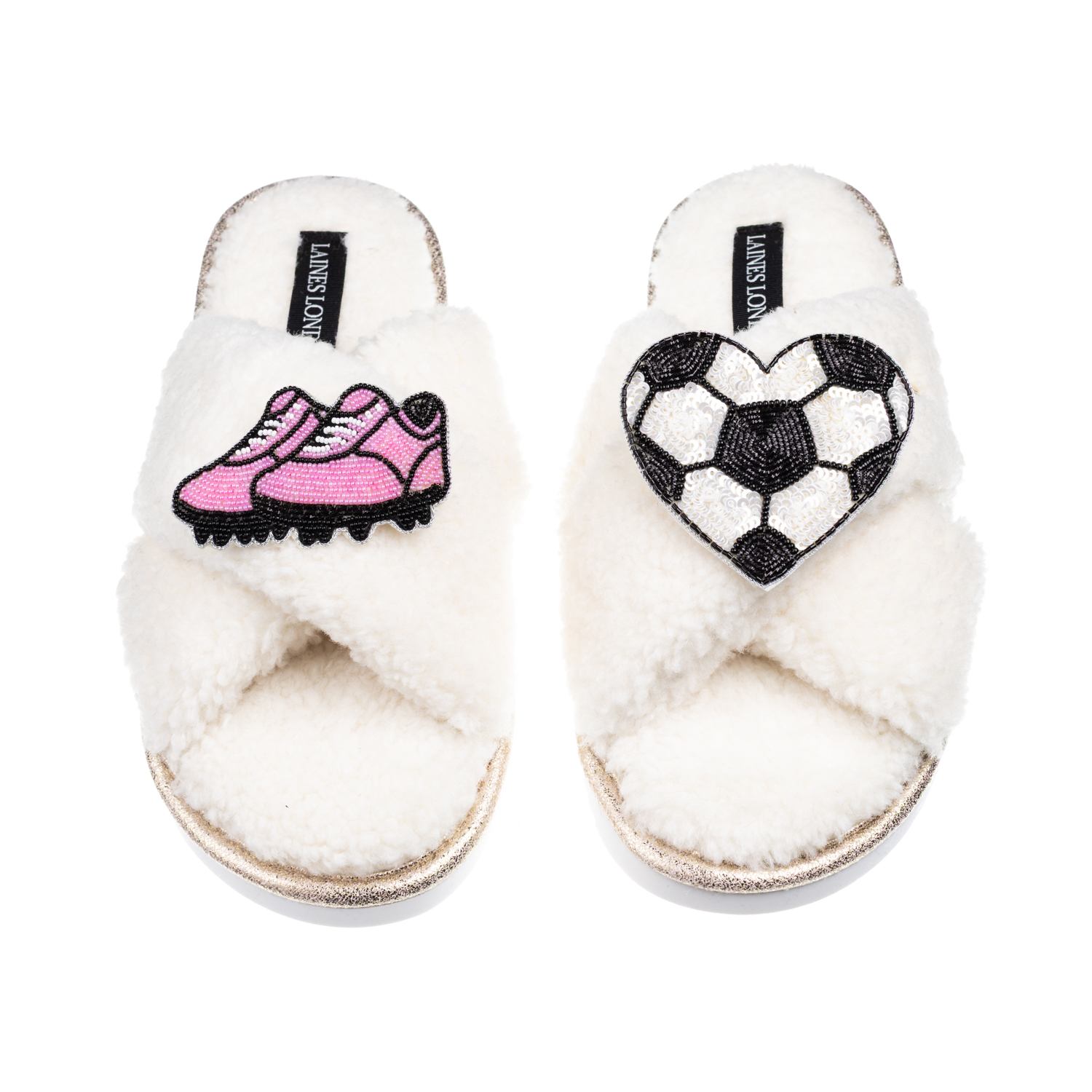 Laines London Women's Neutrals / White Laines Neutral Boucle Slippers With Football / Soccer Lover Brooches - Crea