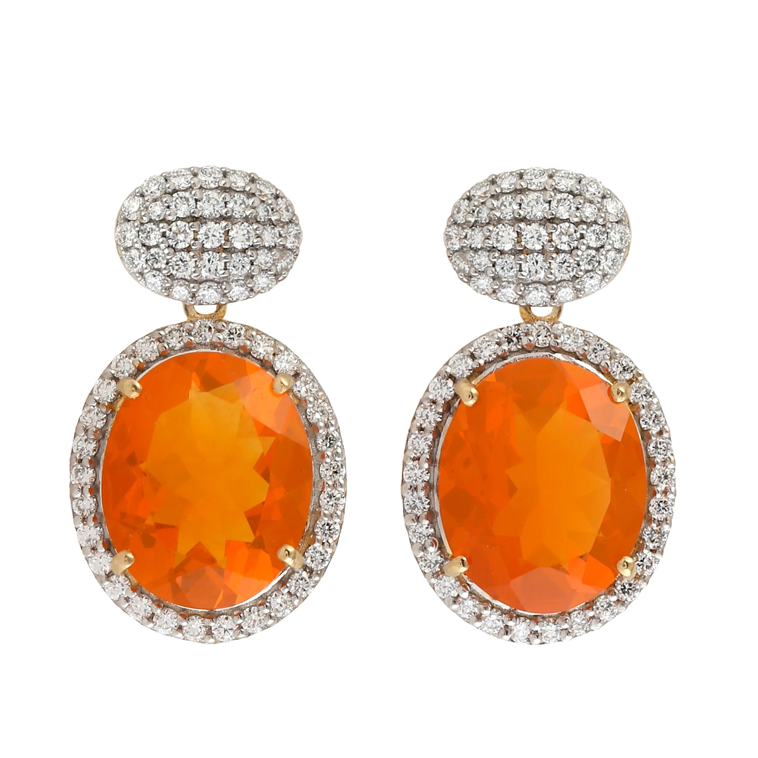 Women’s White / Yellow / Orange Oval Shape Fire Opal & Pave Natural Diamond In 14K Gold Antique Dangle Earrings Artisan