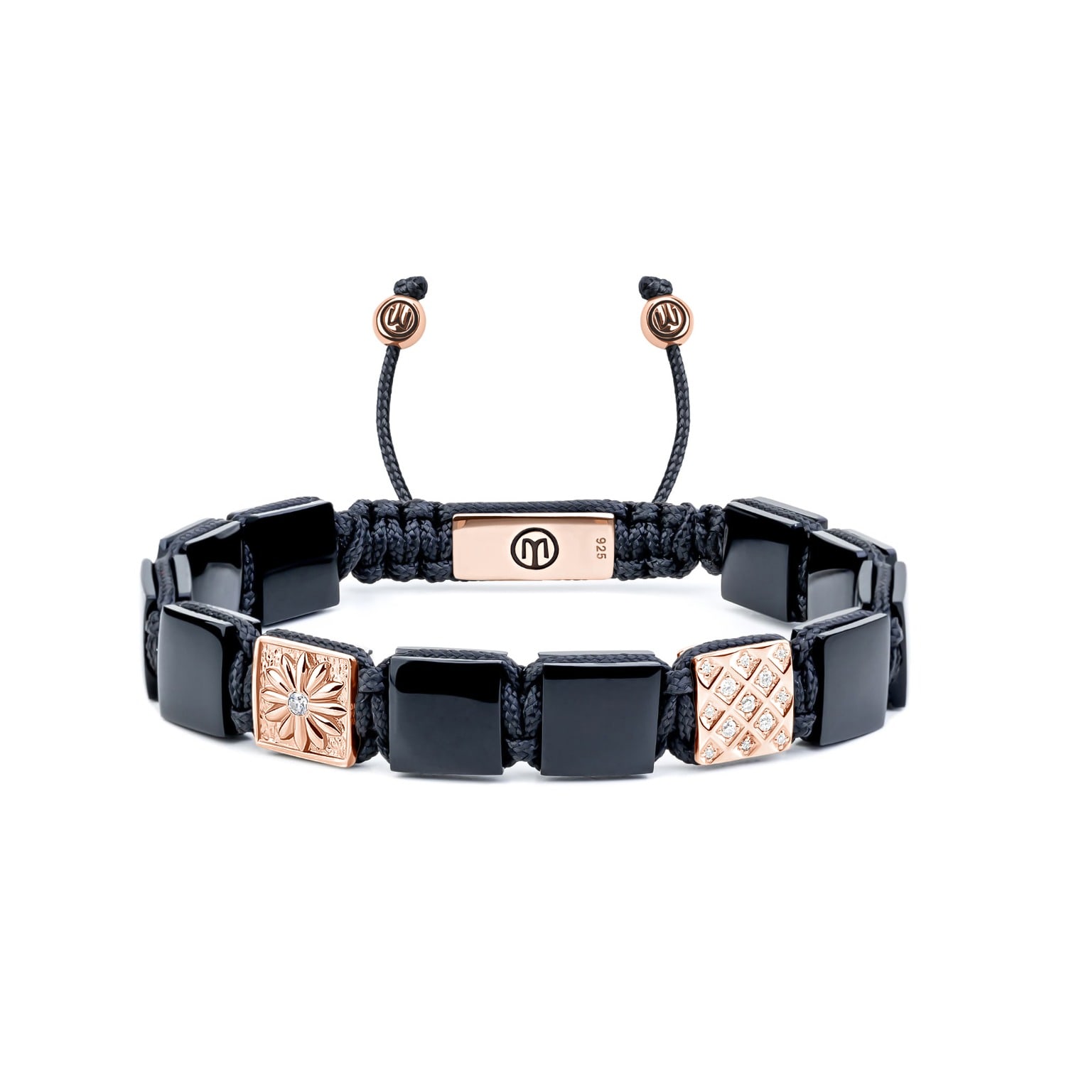 Mahigan Men's Black / Rose Gold / Silver Onyx Macrame Flat-bead Bracelet In Rose Gold - Black String