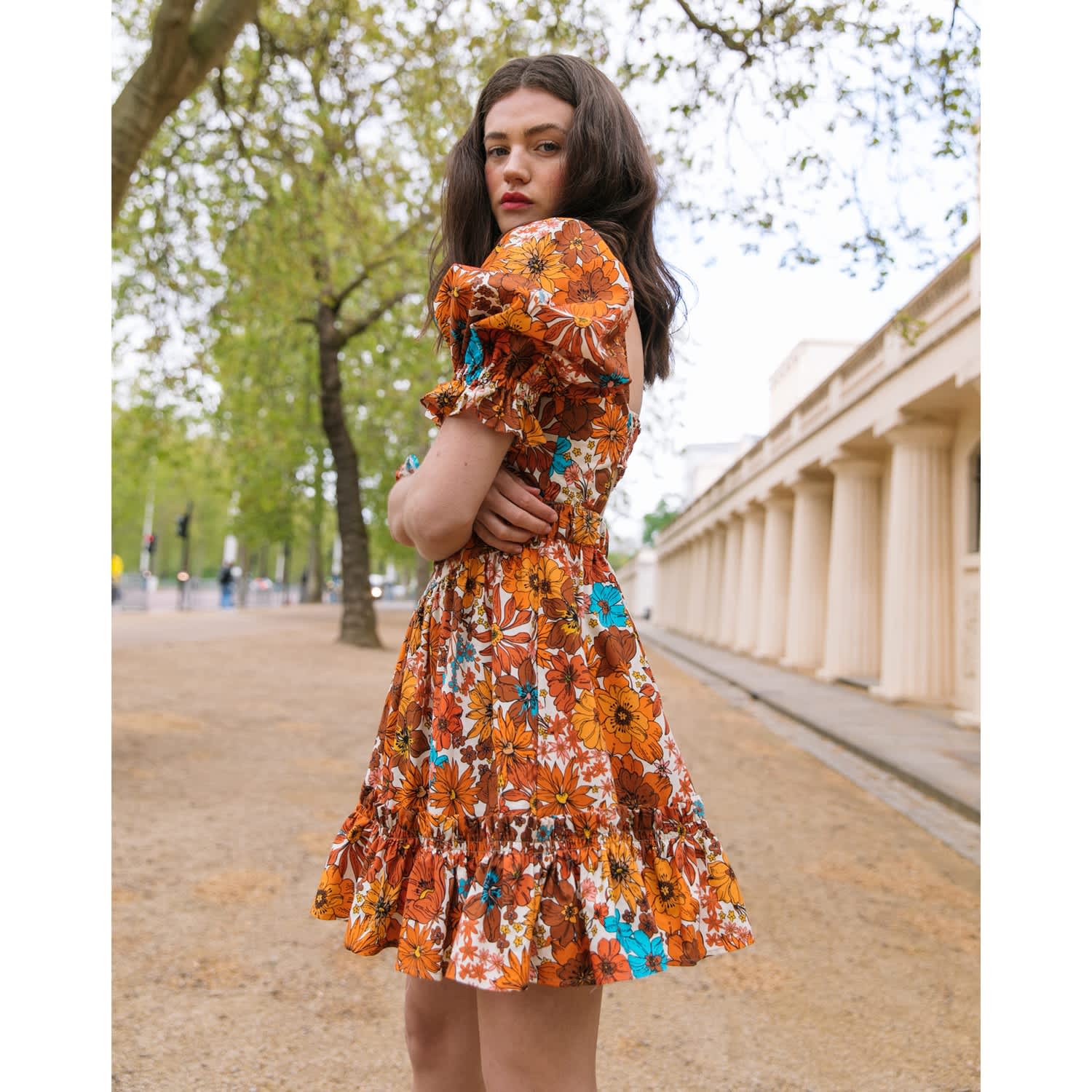 The Amber Open Back Mini Dress In Brown 70S Floral Lavaand Wolf Badger