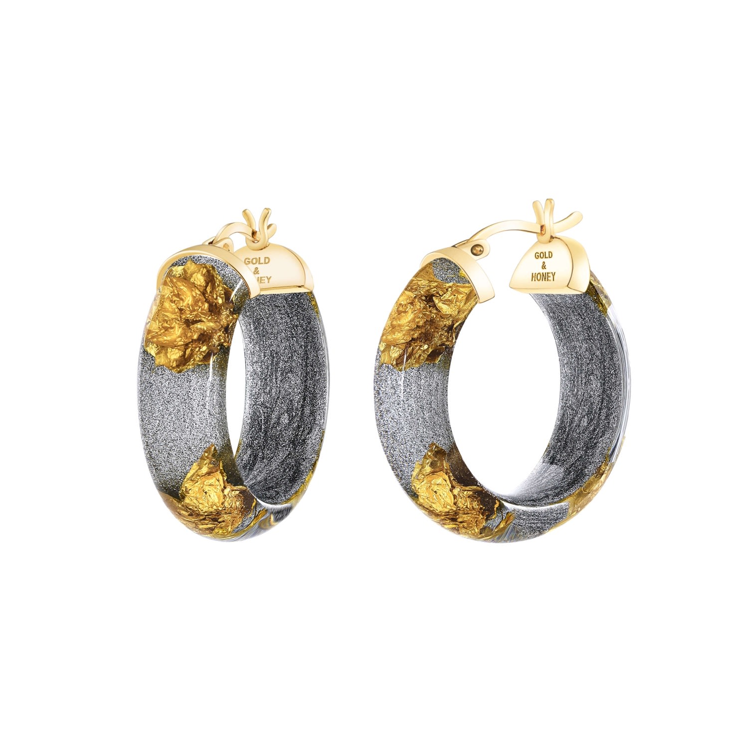 Gold & Honey Women's Gold / Silver Gold Leaf Huggie Hoop Earrings In Silver Pixie In Gray