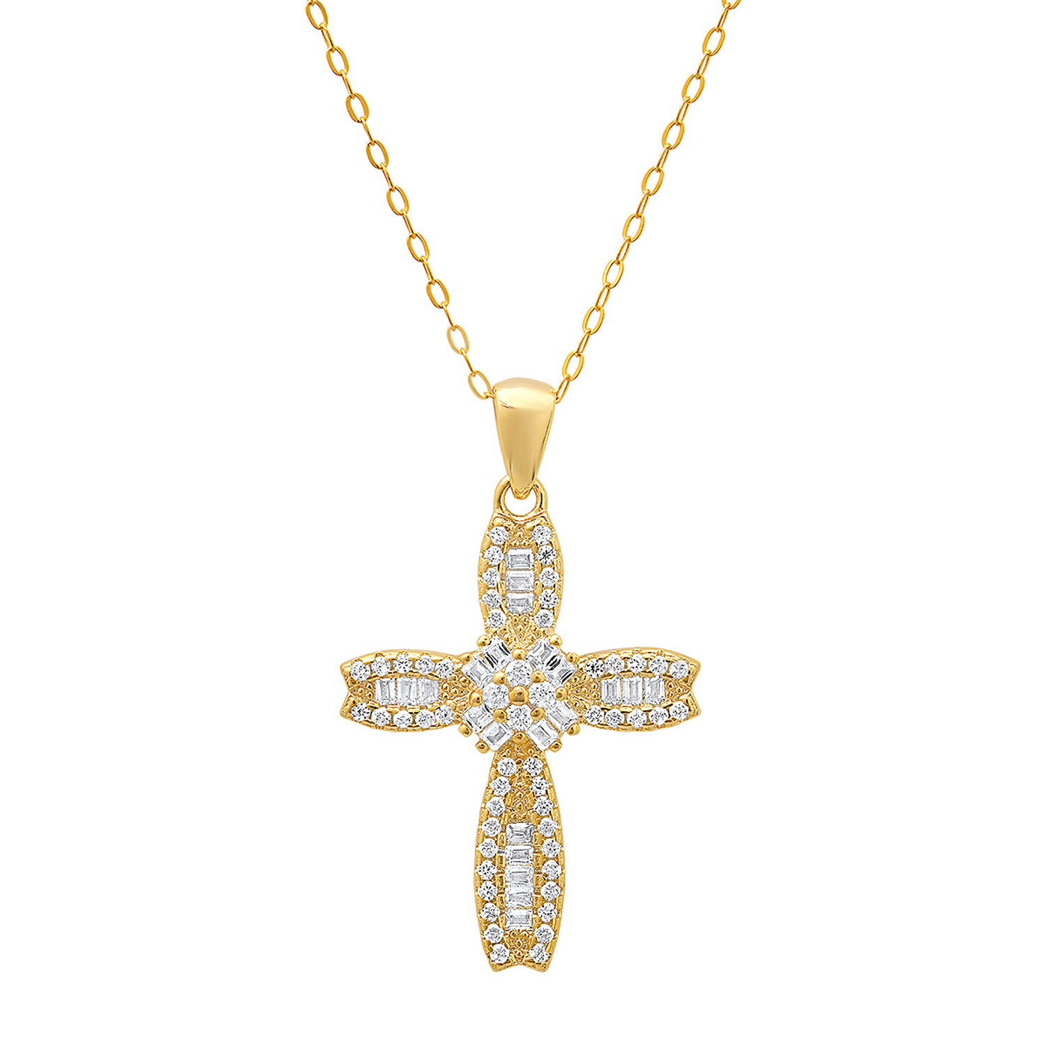 Women’s Gold Petite Luxurious Baguette-Cut Diamond Cz Cross Pendant Necklace Kylie Harper