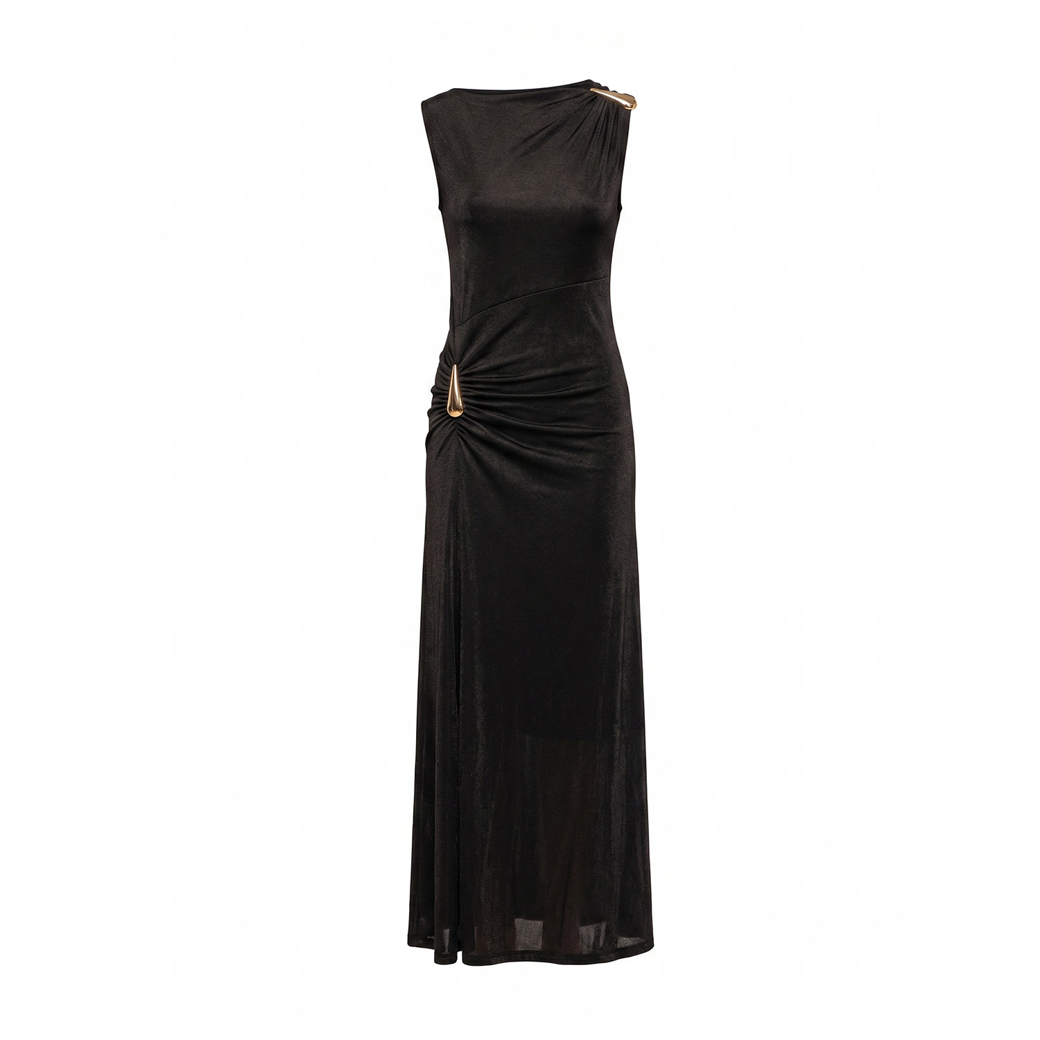 Tantra Spain Sl Women's Long Dress With Draping At The Hips And Shoulders And Metallic Gold Detail Black