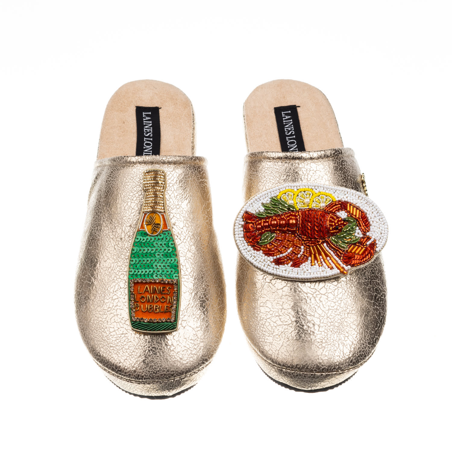 Laines London Women's  Gold Softie Slipper With Champagne Bottle & Lobster Platter Brooch In Gold