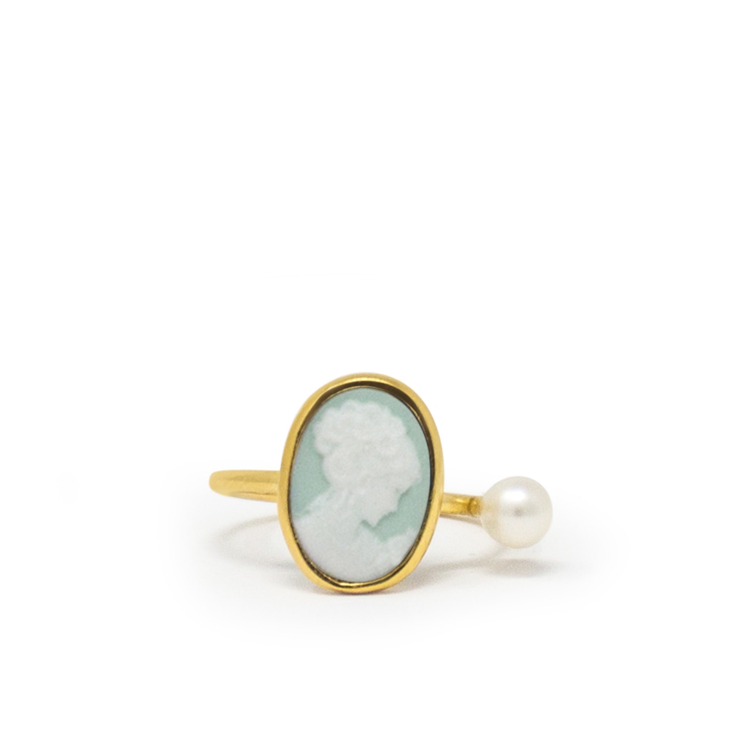 Women’s Gold / Green Gold-Plated Green Mini Cameo Ring With A Pearl Vintouch Italy