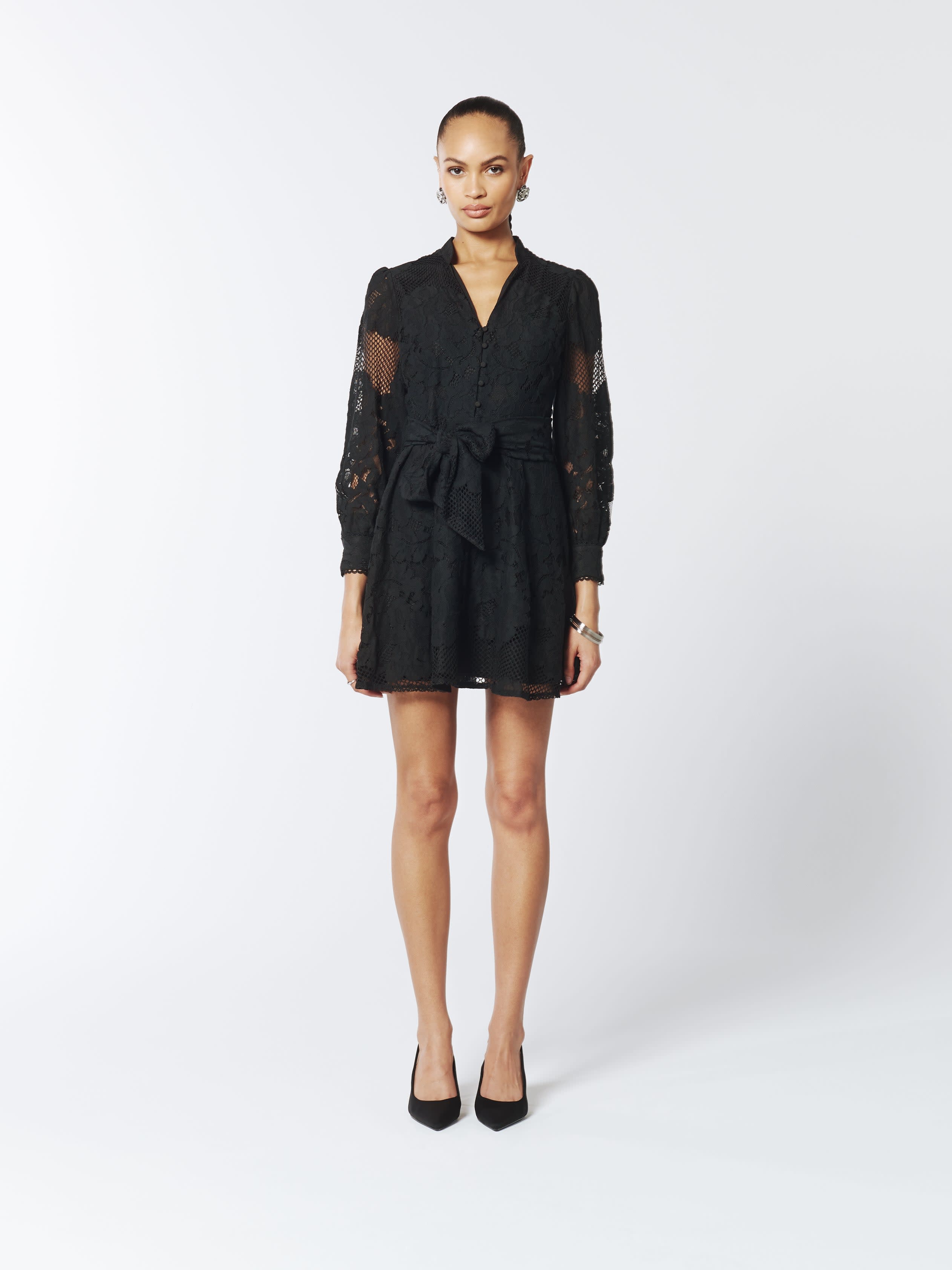 Sheer Lace Long Sleeve Mini Dress In Black | SOUR FIGS | Wolf & Badger