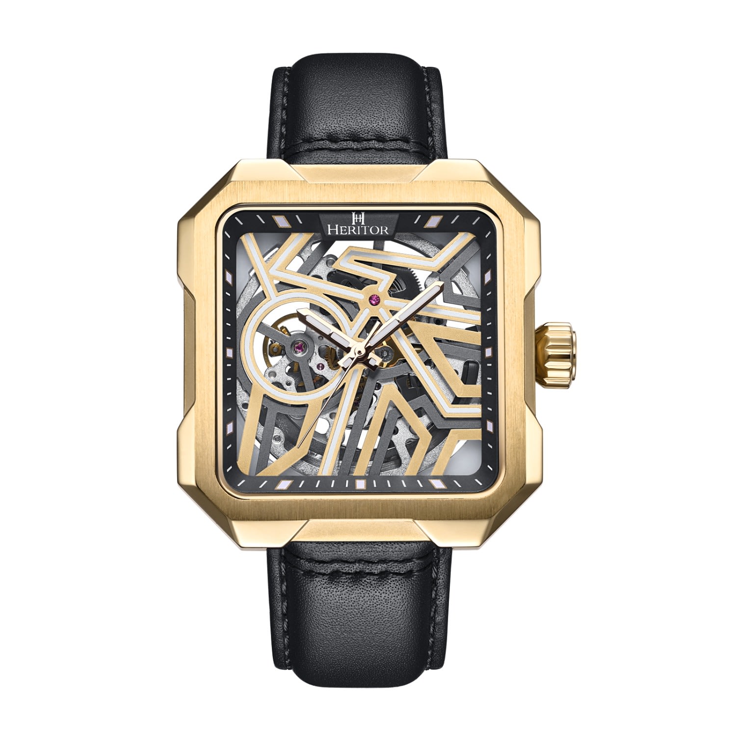 Men’s Black / Gold Campbell Leather-Band Skeleton Watch - Black, Gold Heritor Automatic