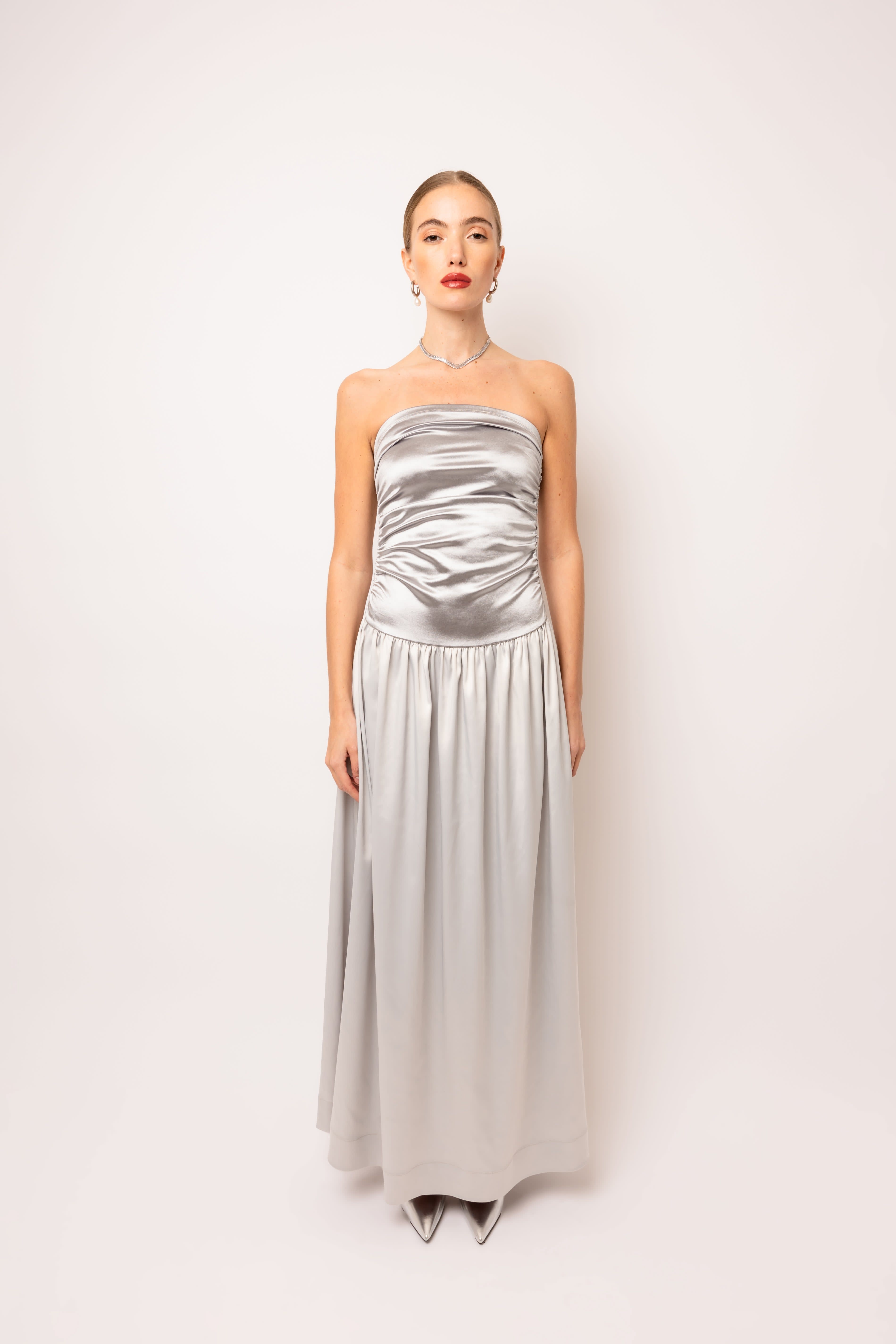 chinese dress ladies A-Line Satin Silver Long Prom Dress with Illusion Neckline PG689 US16 / Silver main image 0