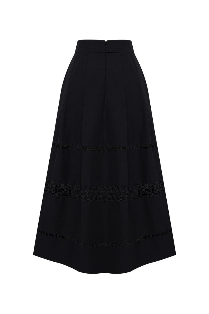Women's Sydney Skirt Embroidered Eyelet Midi Skirt - Black | Large | Exquise