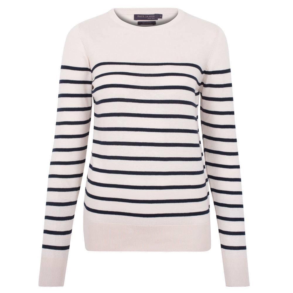 Paul James Knitwear Blue / Neutrals Womens Ultra-fine Cotton Breton Tavia Crew Neck Jumper - Ecru In Blue