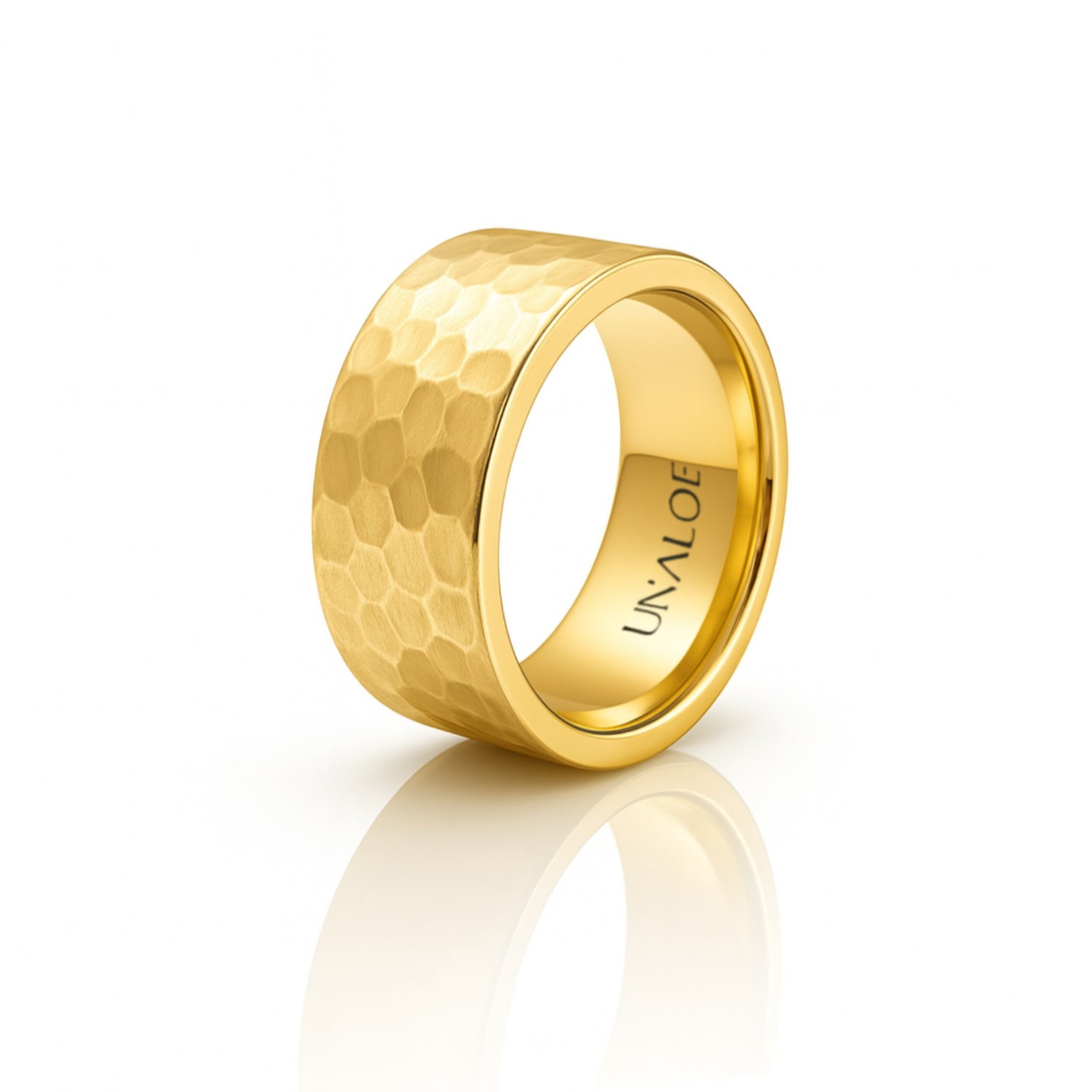 Unaloe Men's Ring Francesina Band In Hammered Sterling Silver With Gold Plating In Gold