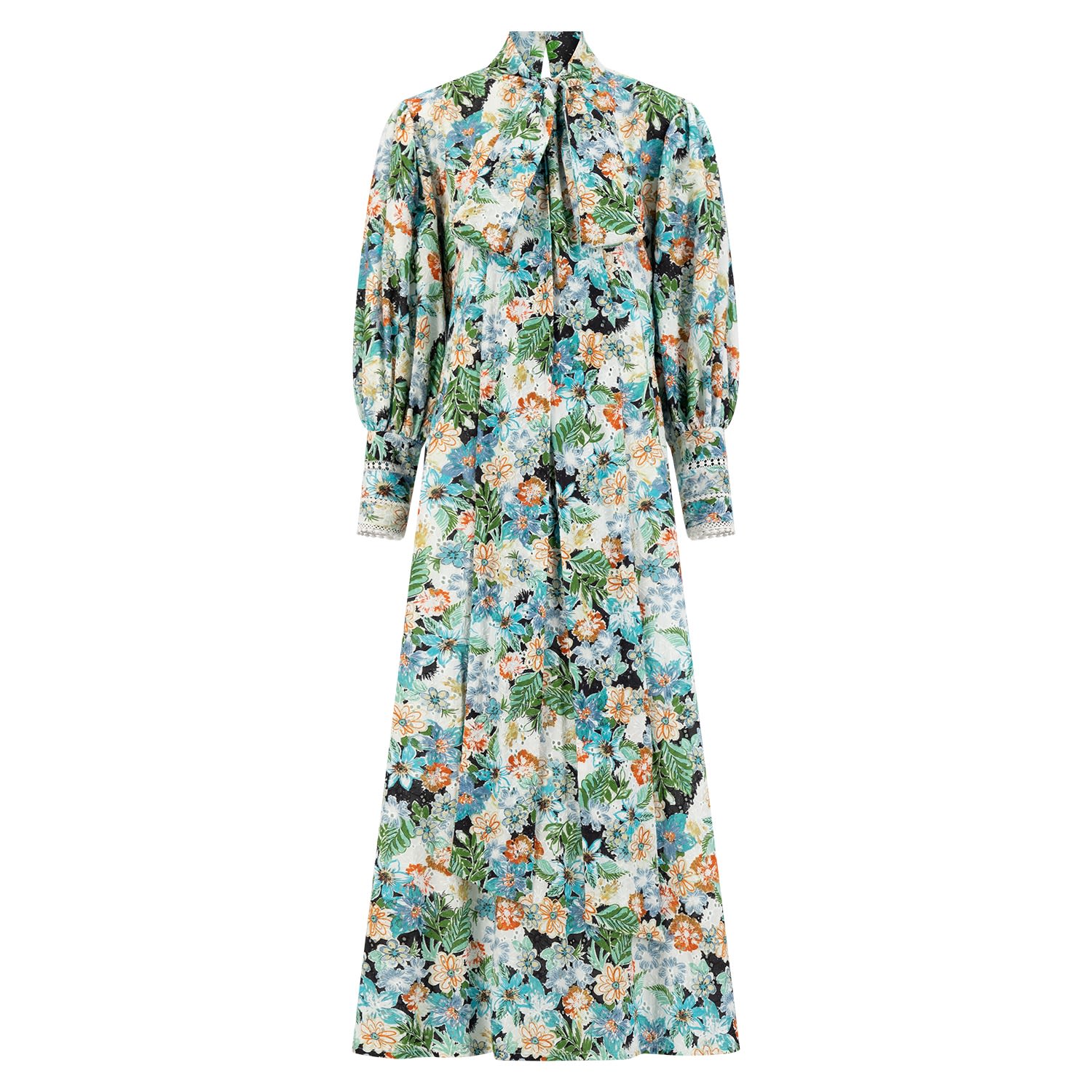 Azzalia Women's Multi Fleuri Eyelet Maxi Dress With High Neck Tie-multi Floral Eyelet
