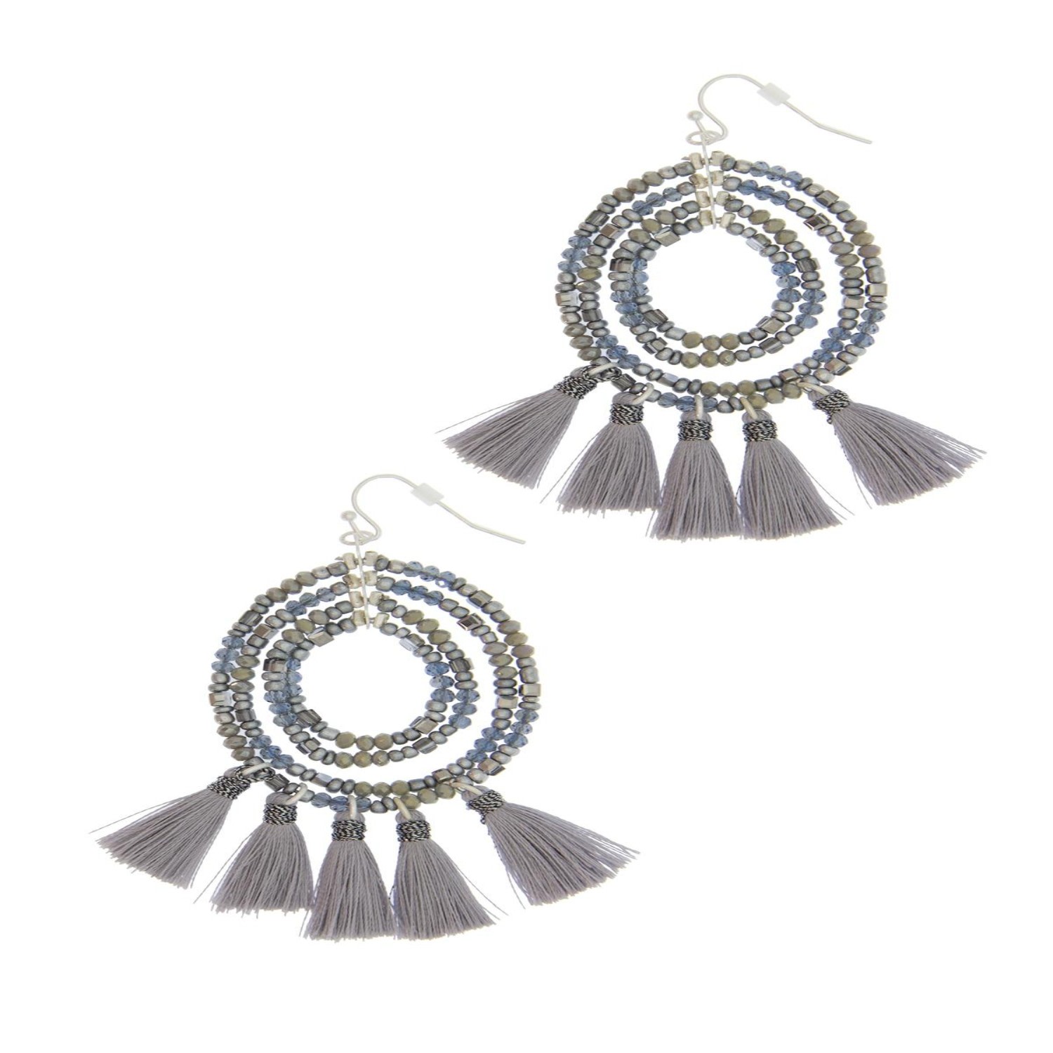 Saachi Women's Grey Beaded Tassel Hoop Black Earrings In Gray
