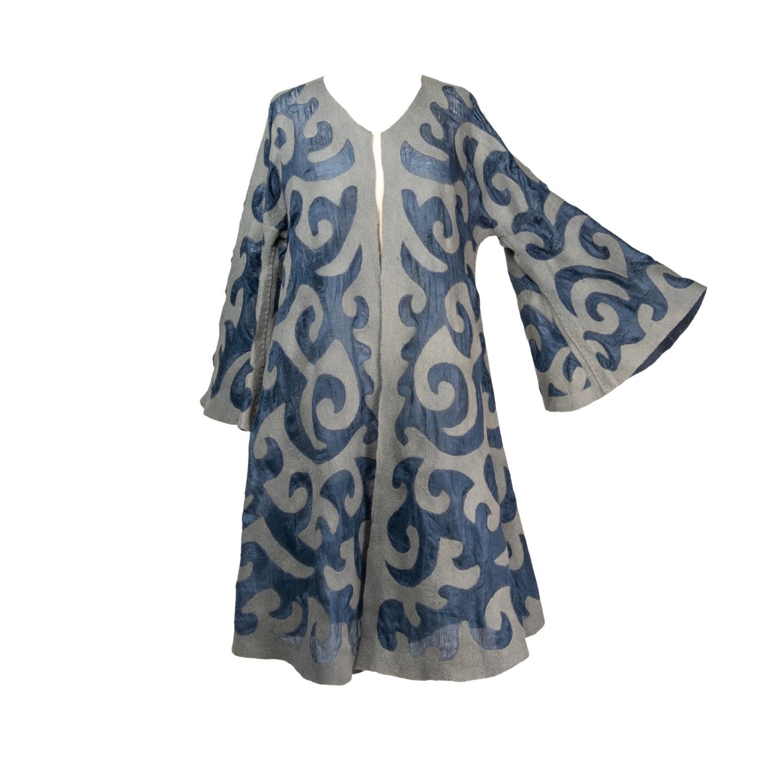 Women’s Blue / Grey Felted Wool Swing Coat From Kyrgyzstan - Long Sleeve - Blue, Grey Medium Larkin Lane
