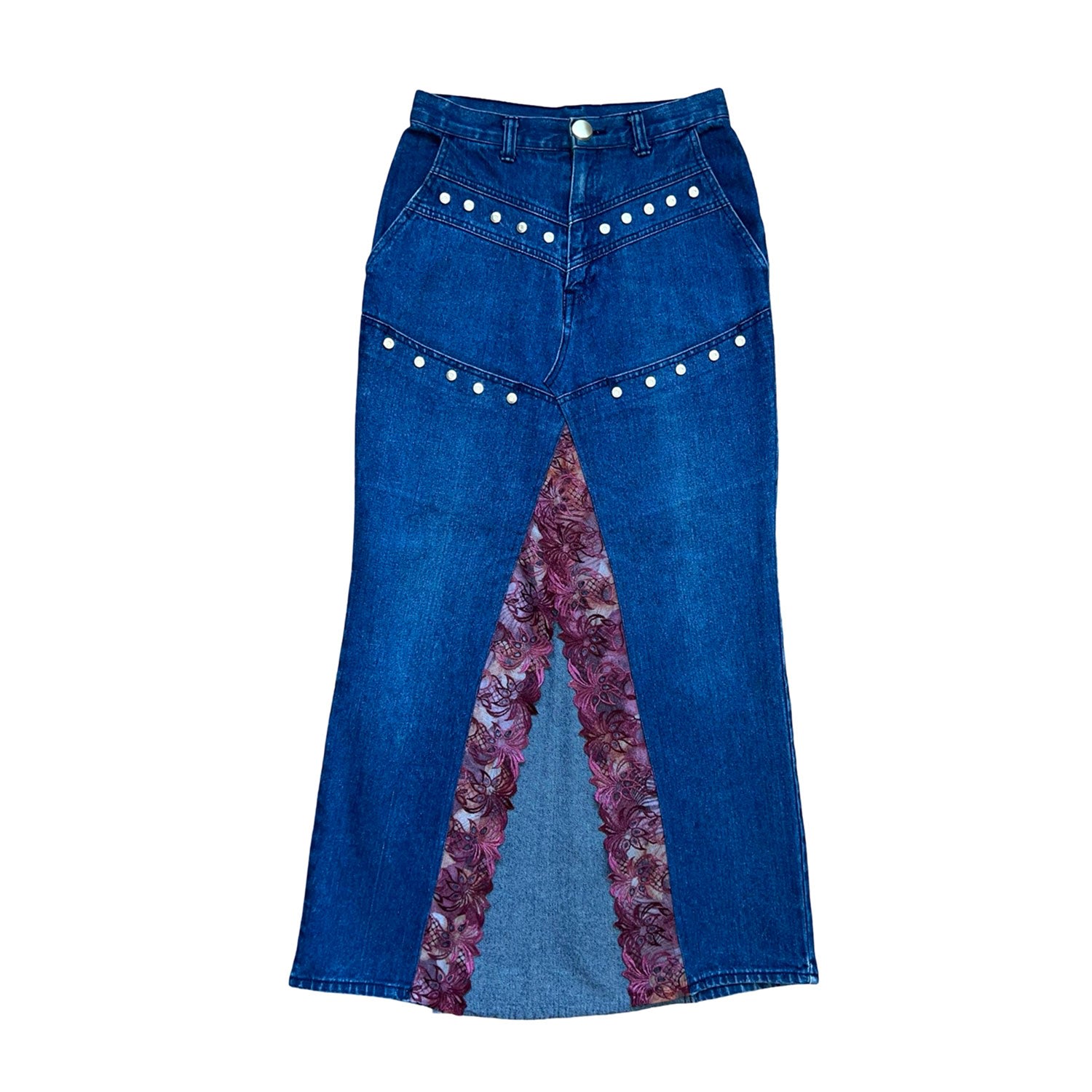 L2r The Label Women's Blue / Red Embellished Denim Skirt In Blue And Burgundy Lace In Blue/red