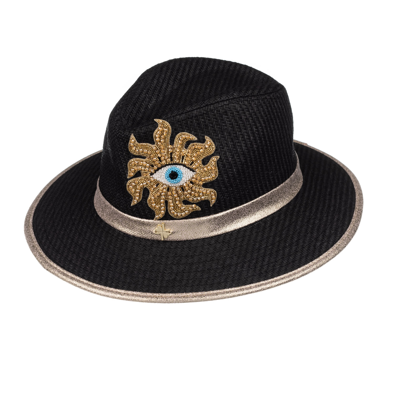 Women’s Straw Woven Hat With Couture Embellished Mystic Eye Design - Black One Size Laines London