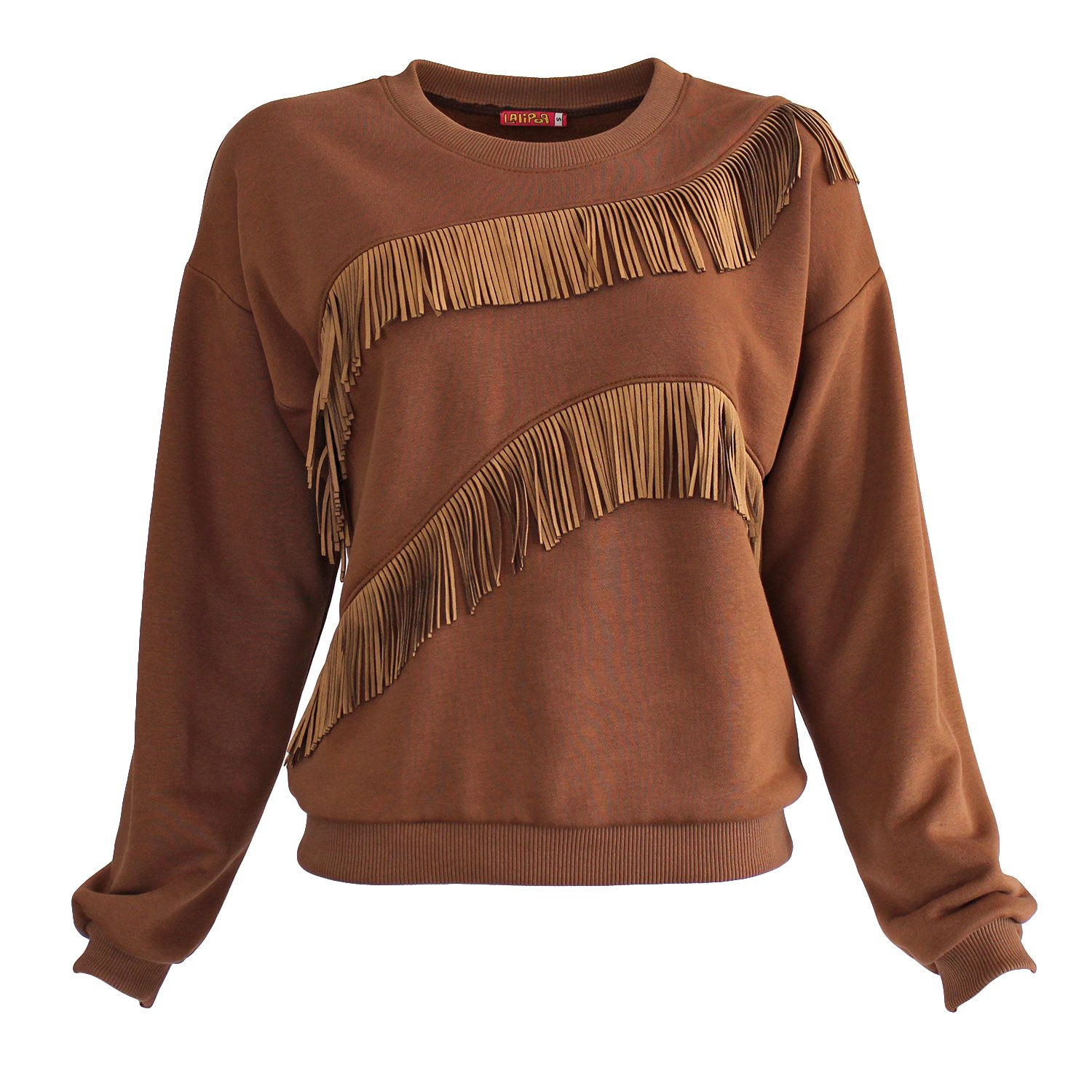 Lalipop Design Women's Brown Sweatshirt With Fringe Details