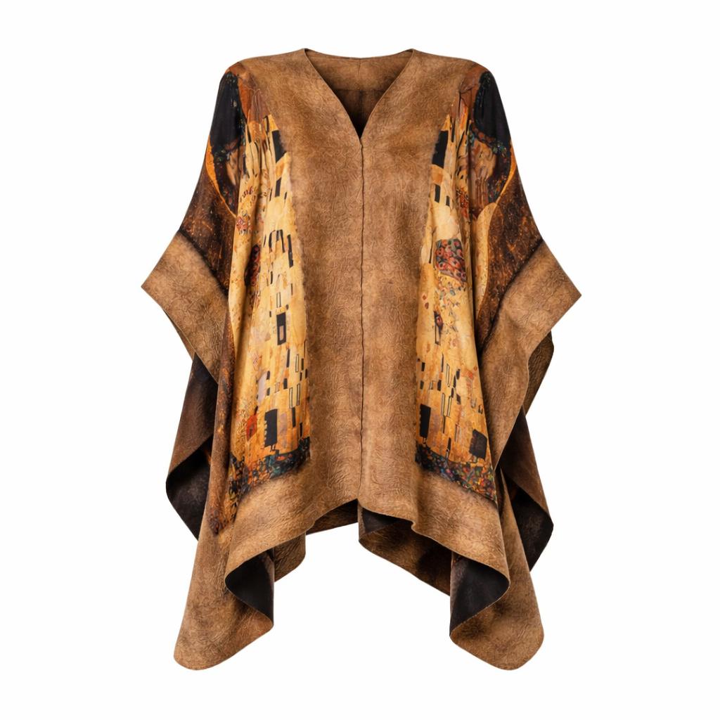 Women's Brown Poncho Mulberry Silk & Merino Handmade Felt - Camel | Klimt The Kiss | One Size | Lumina Eligma