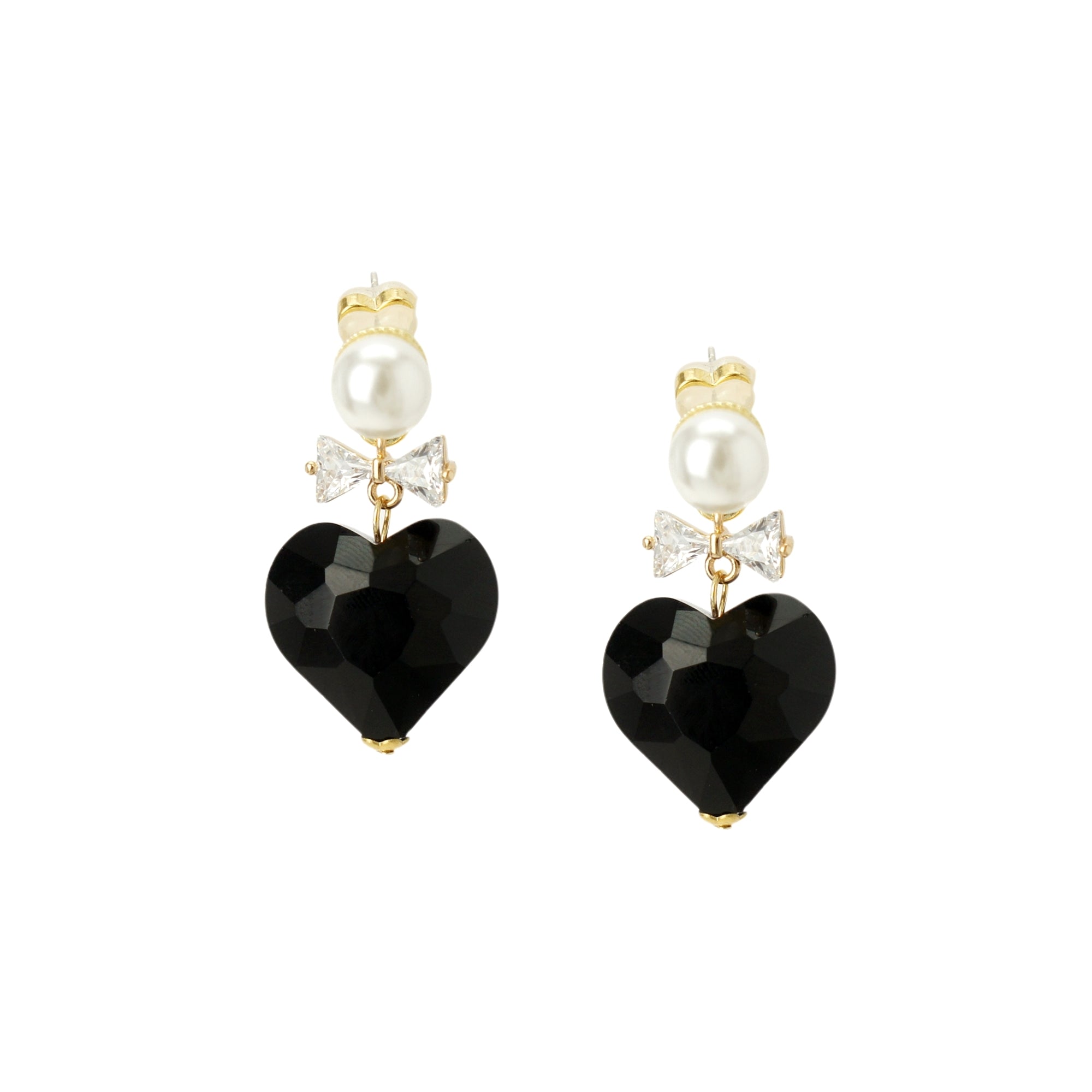 I'mmany London Women's Whisper Of Heart Crystal Bow & Faceted Heart Drop Earrings  - Black