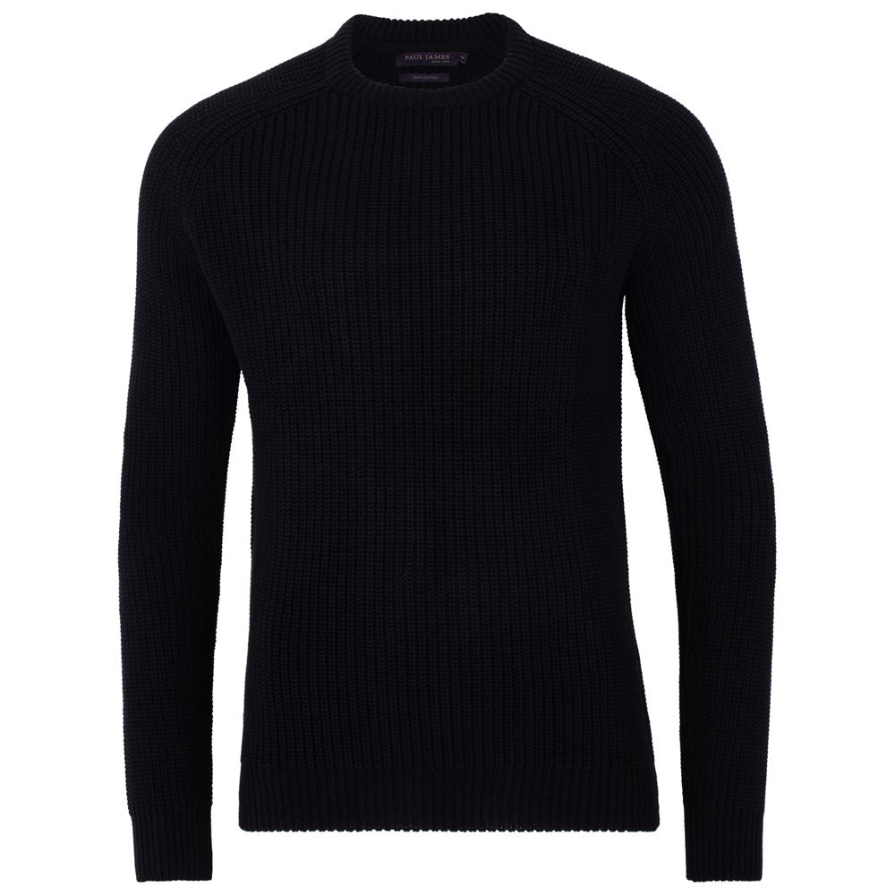 Paul James Knitwear Mens Cotton Clark Fisherman Rib Knit Jumper - Black In Black