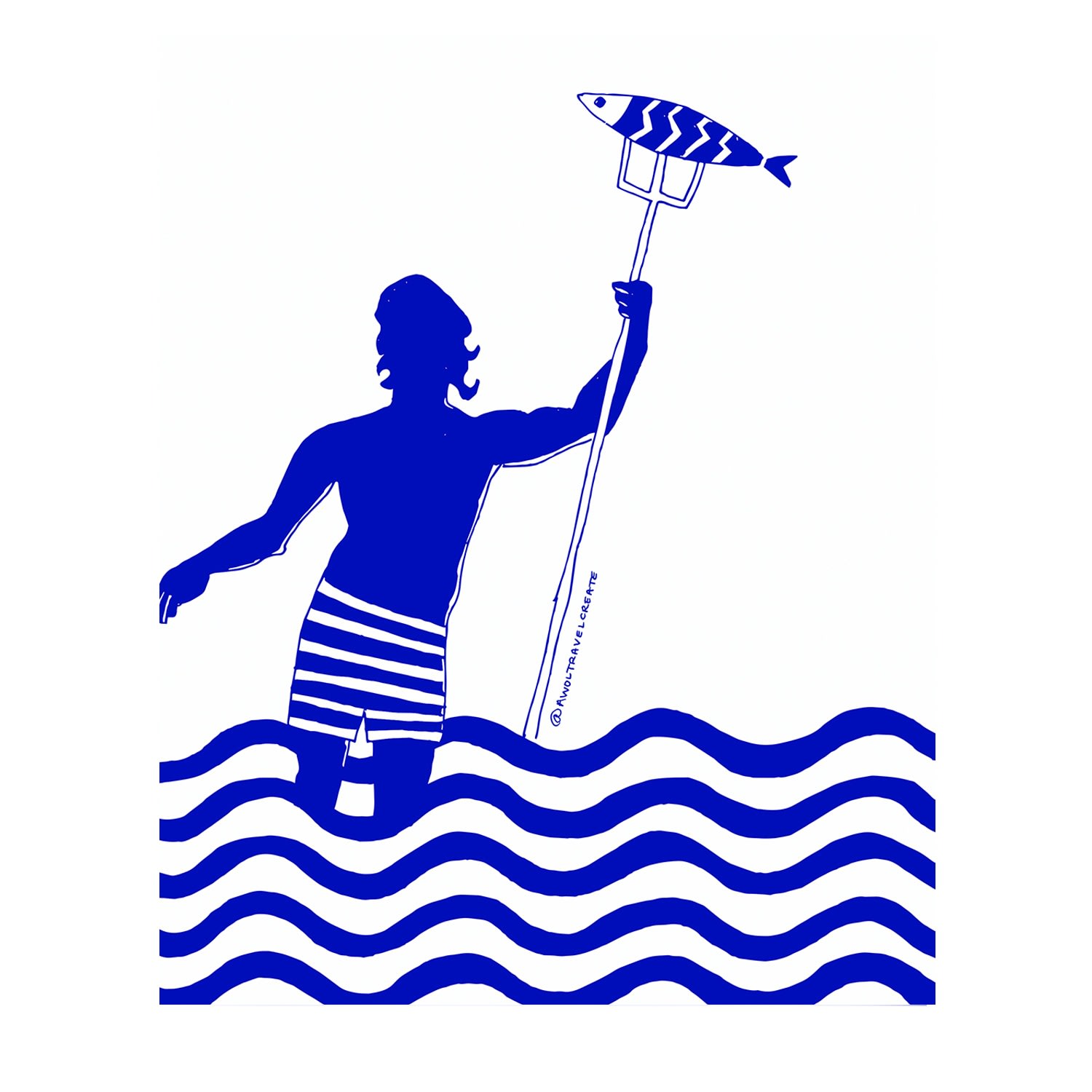 Blue / White Greek God, Gone Fishing: Nautical Island Hopping Art Print Awol