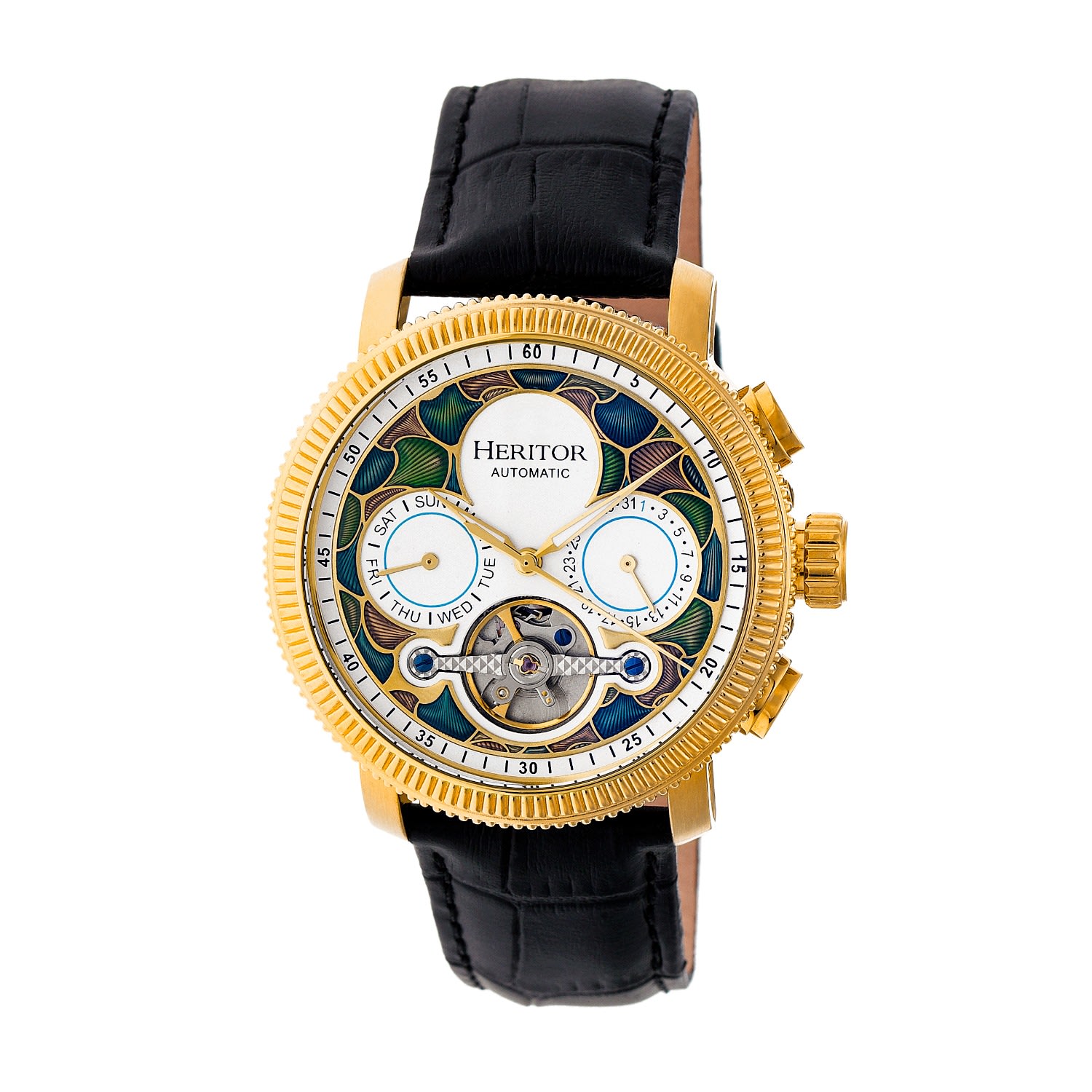 Heritor Automatic Men's Gold / White Aura Semi-skeleton Leather-band Watch With Day And Date - Gold, White In Gold/white