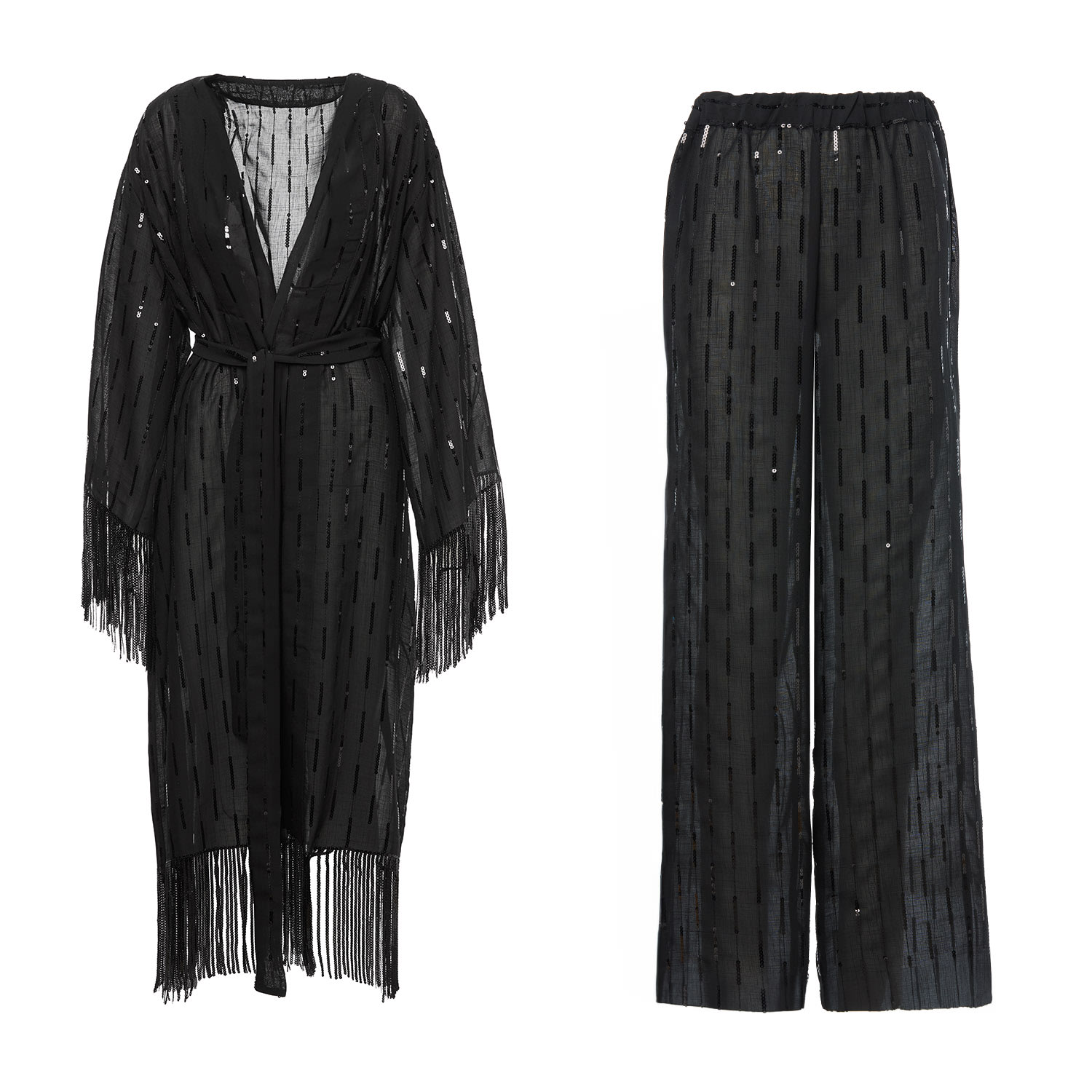 Bluzat Black Matching Set With Sequin Kimono And Pants