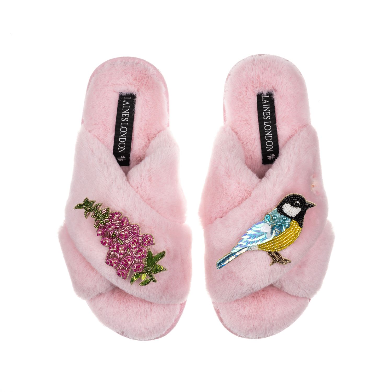 Laines London Women's Pink / Purple Classic Laines Slippers With Pink Foxglove Flowers & Blue Tit Brooches - Pink In Pink/purple