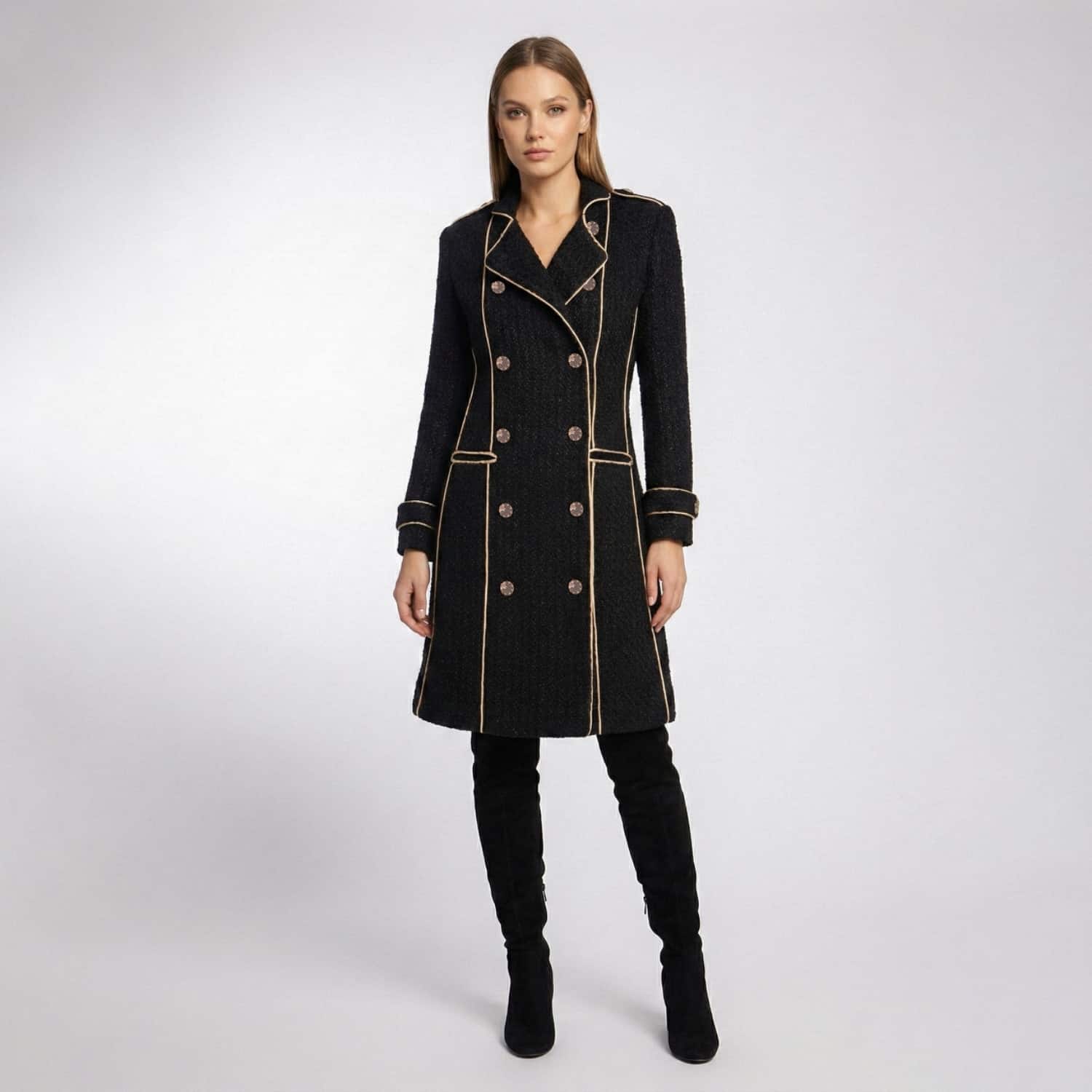 Double Breasted Military Coat With Contrast Buttons – Black