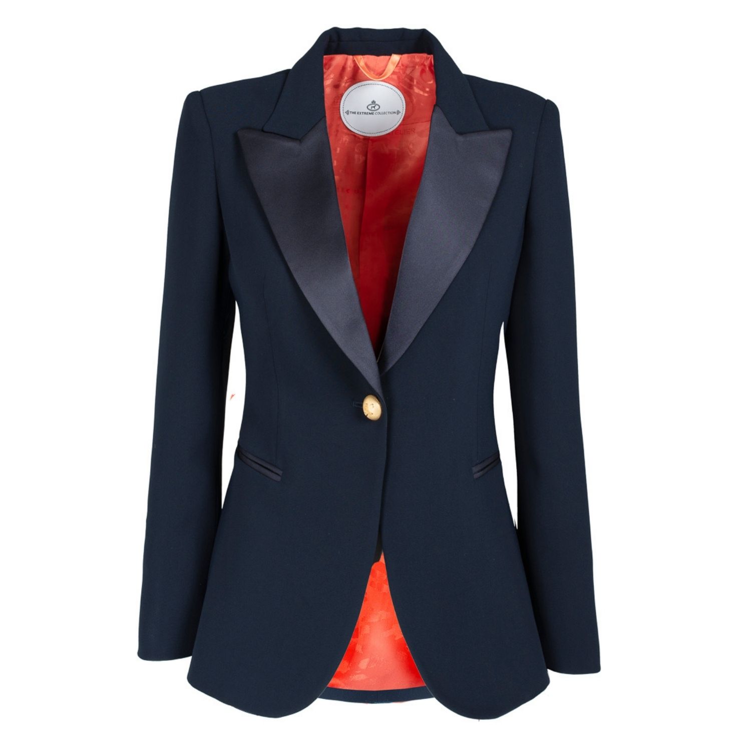 The Extreme Collection Women's Blue Premium Crepe Single Breasted Navy Blazer With Satin Flaps In Brown