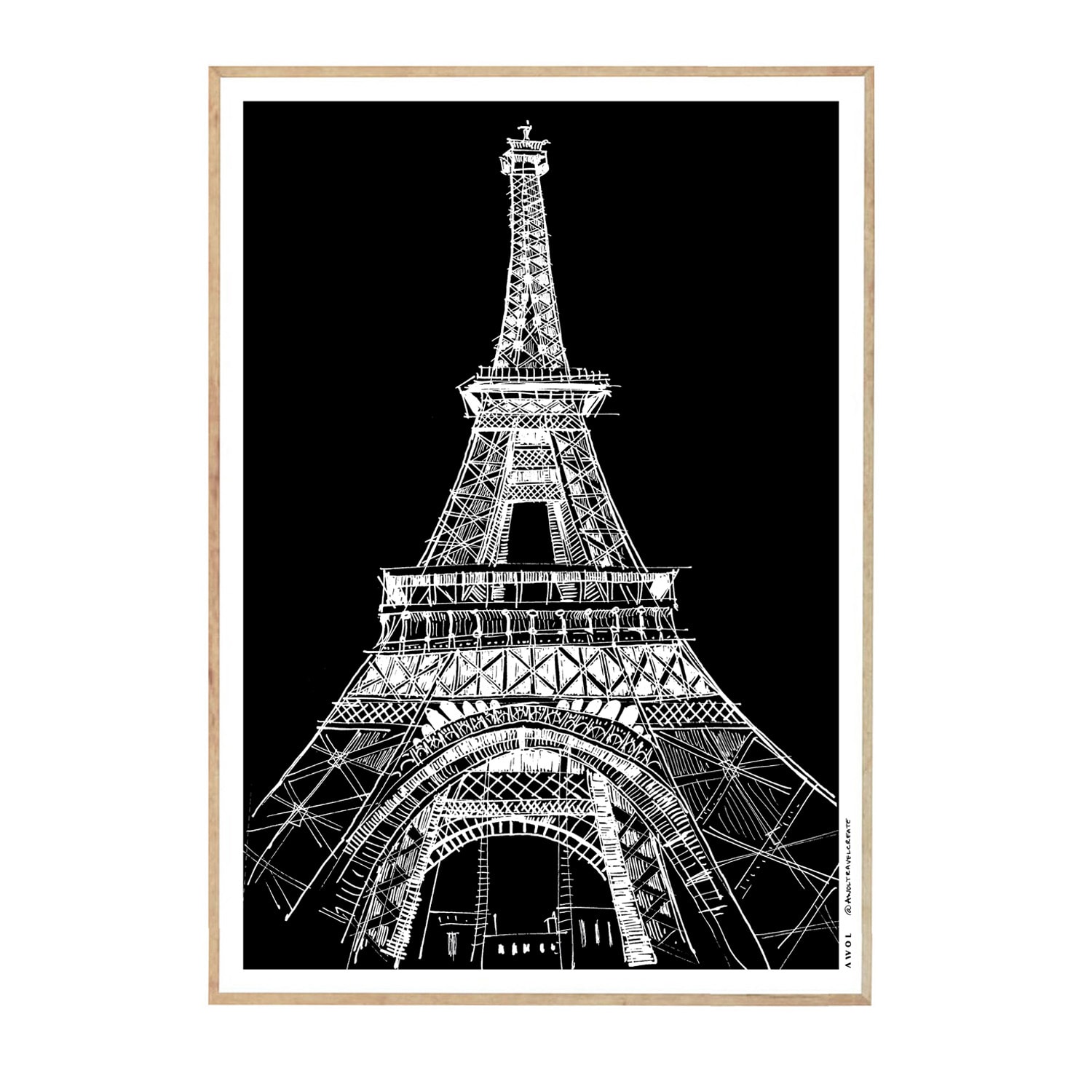 Black / White Paris At Night Illustration: Eiffel Tower Art Print, Seen From Below A4 210 X 297Mm Awol