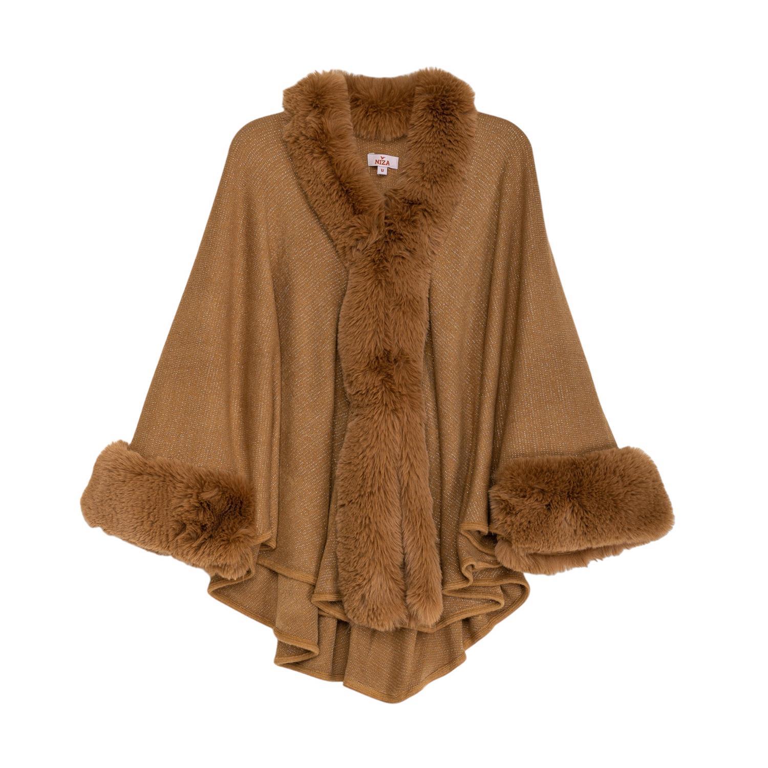 Women’s V-Neck And Fur Poncho Brown One Size Niza