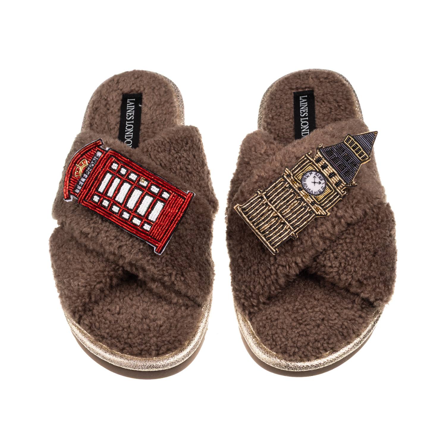 Laines London Women's Brown / Neutrals Laines Neutral Boucle Slippers With Big Ben & Red Phone Box Brooches - Mink