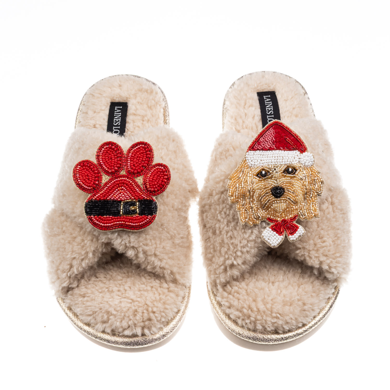 Laines London Women's Brown / Neutrals Laines Boucle Slippers With Christmas Golden Cavapoo & Paw Brooches - Oatme In Brown