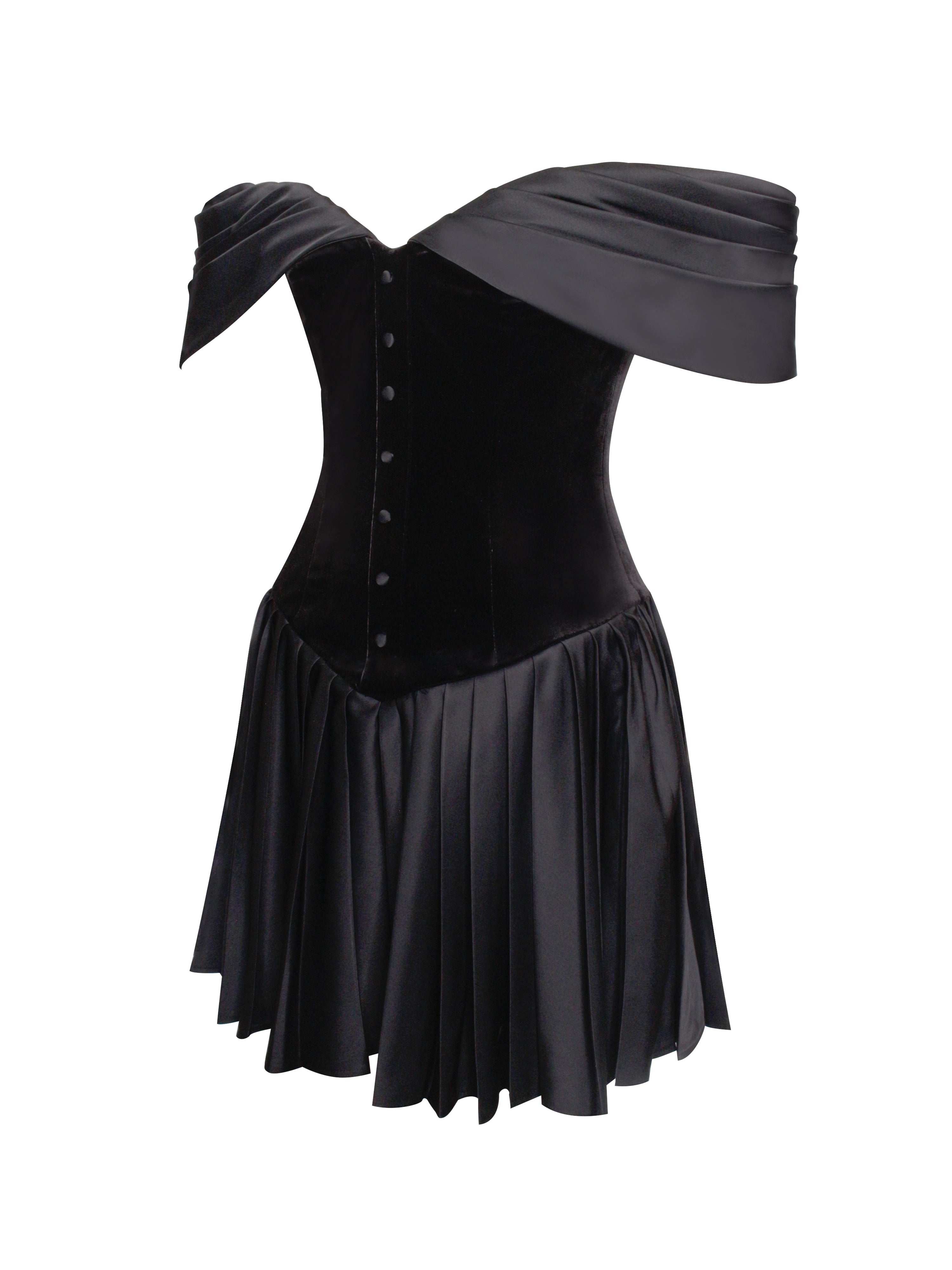 Echo Black Velvet Off-Shoulder Pleated Mini Dress | Miss Circle New York |  Wolf & Badger