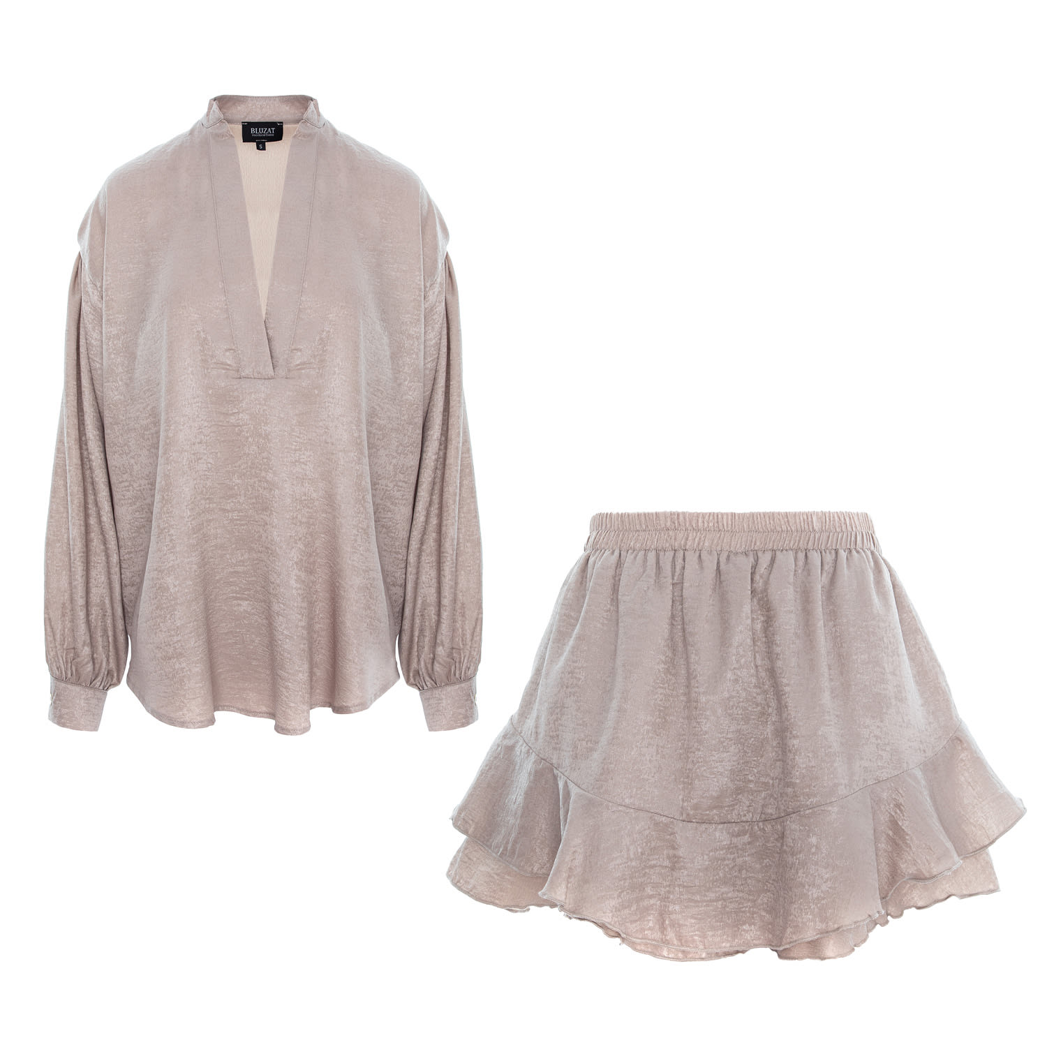 Bluzat Silver Beige Textured Two-piece Set With Ruffle Skirt In Silver