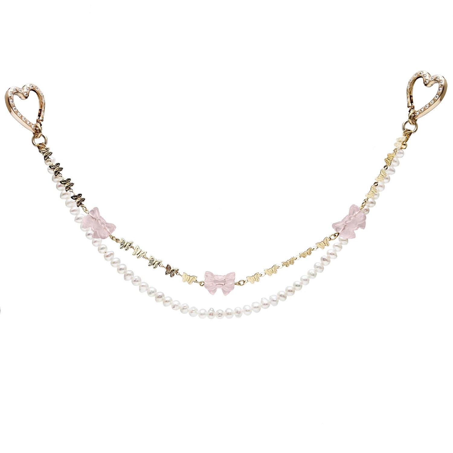 Farra Women's Pink Rose Quartz Bowknot With Freshwater Pearls Double Layers Bag Charm In Pink