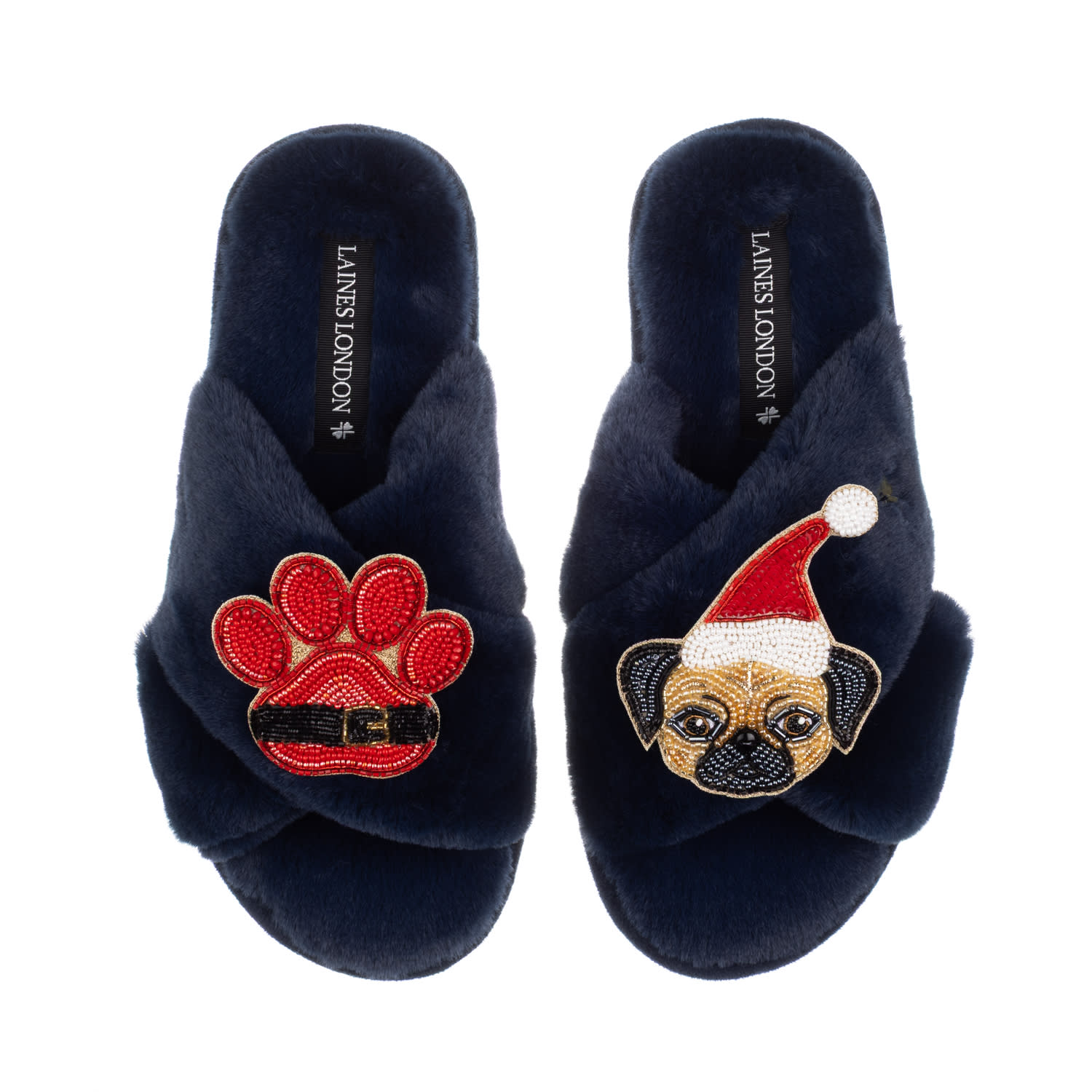 Laines London Women's Blue Classic Slippers With Christmas Fawn Pug & Paw Brooches - Navy In Blue