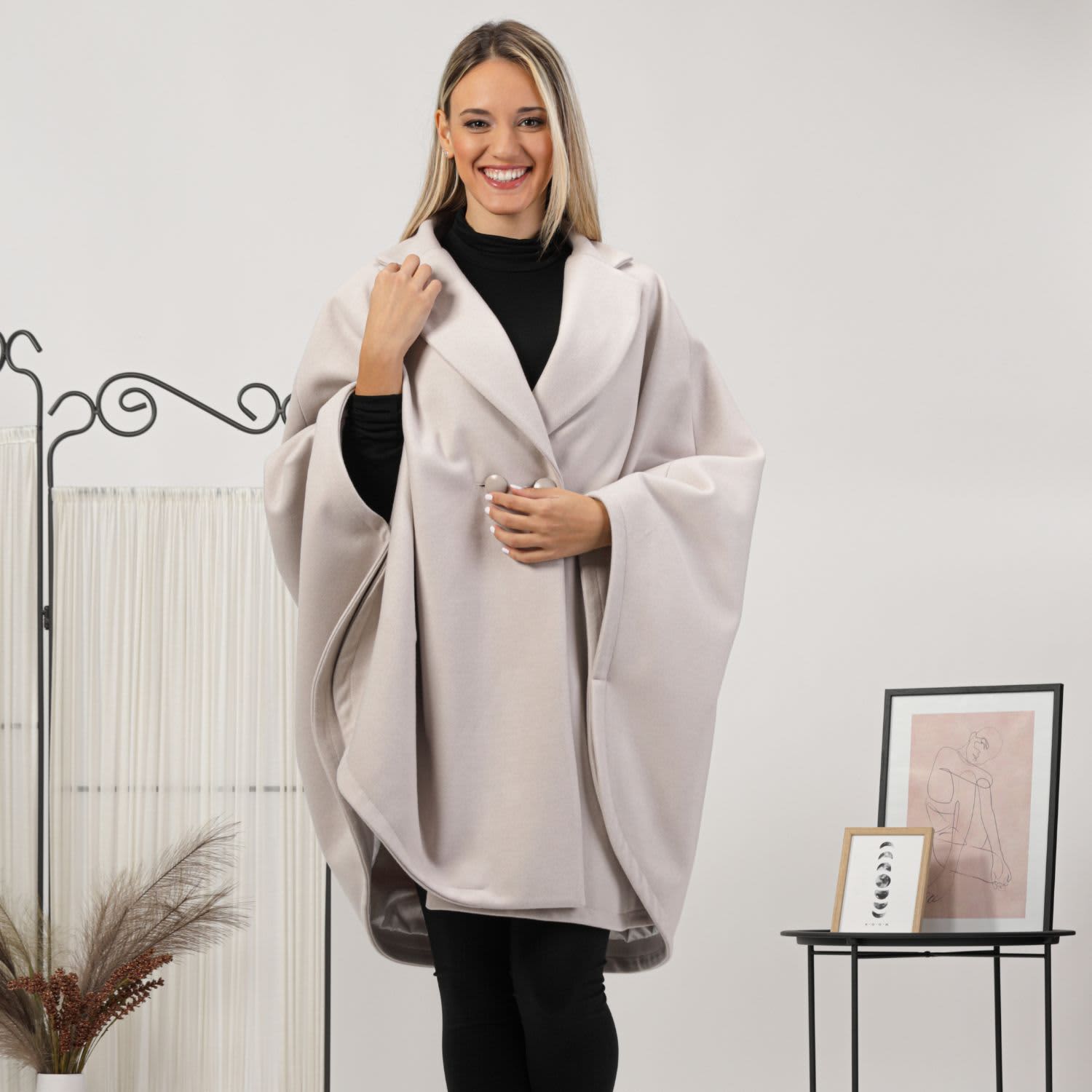 Wool Poncho Cape Coat With Buttons In Off White | Nikka Place