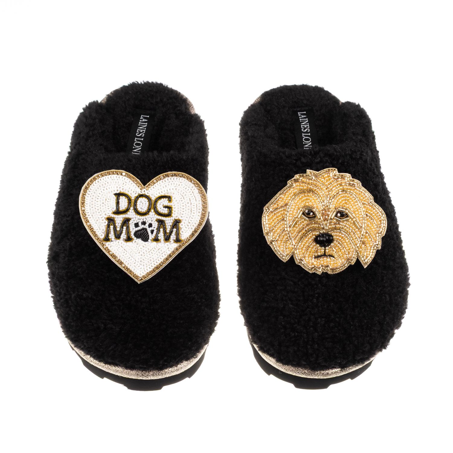 Laines London Women's Teddy Closed Toe Slippers With Dog Mum / Mom & Golden Cockapoo Brooches - Black In Black
