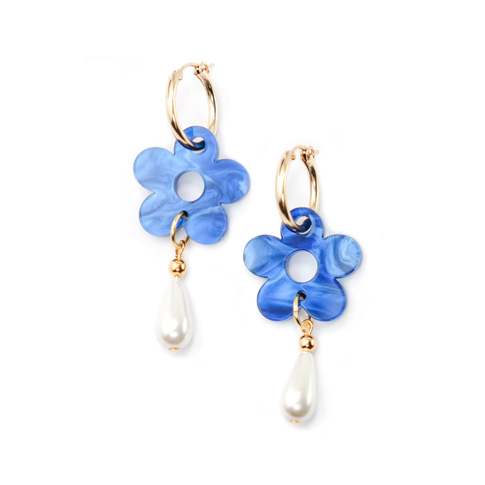 Women’s Gold / Blue Daisy Pearl Drop Earrings In Marbled Blue By Chavelli