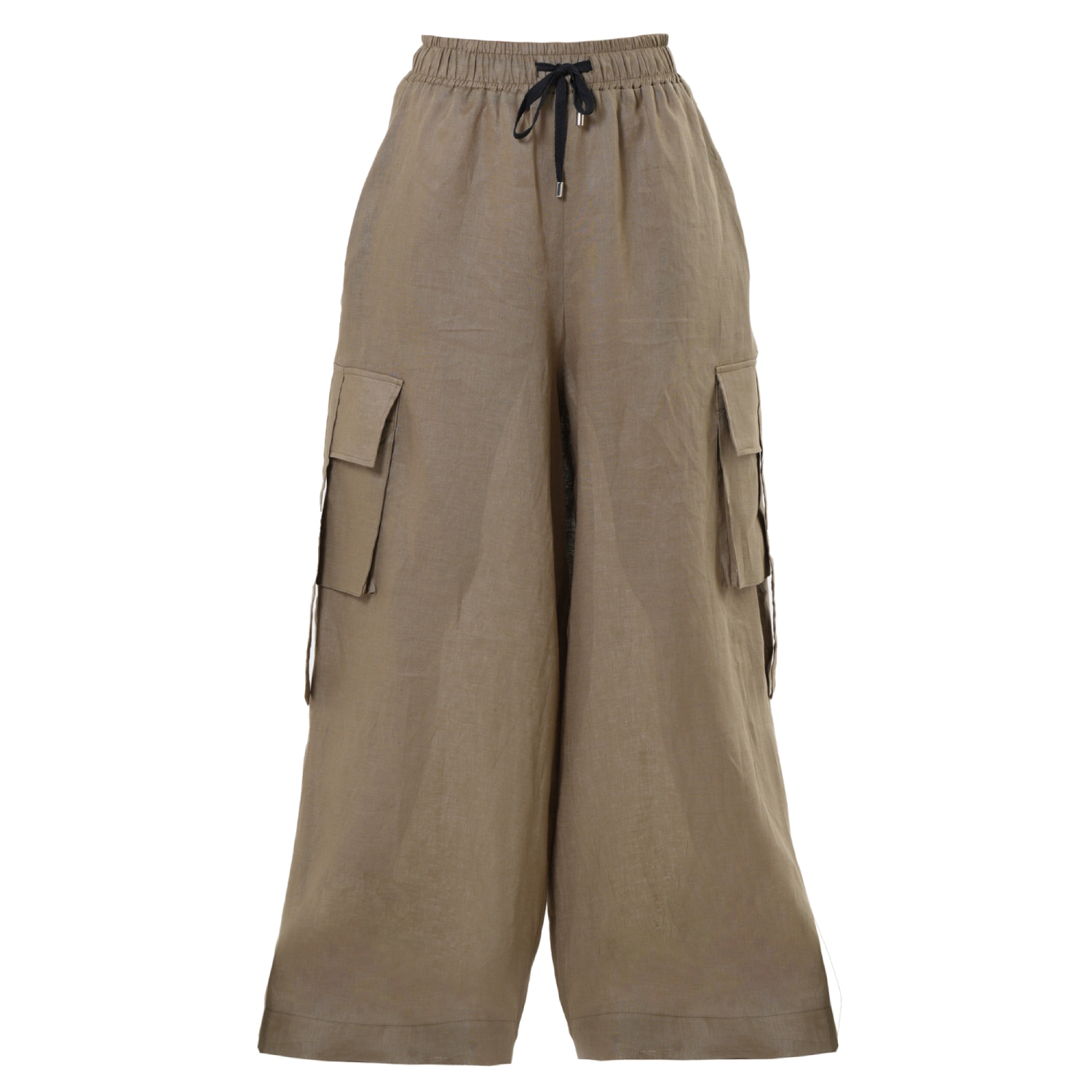 Metamorphoza Women's Green Linen Cargo Palazzo Trousers In Khaki