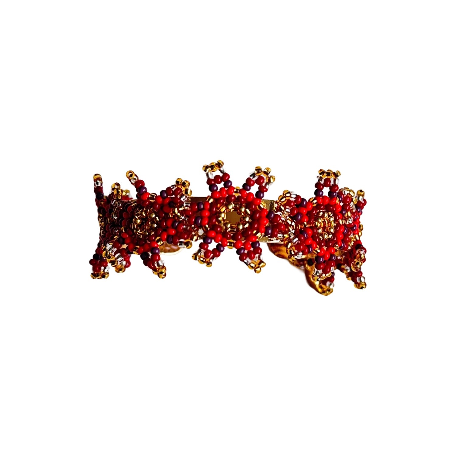 Women's Red / Gold / Silver Waterfall Blossom, Cuff Bracelet, Red, Glass Beads, Beaded Jewelry | Iliana Arrazola
