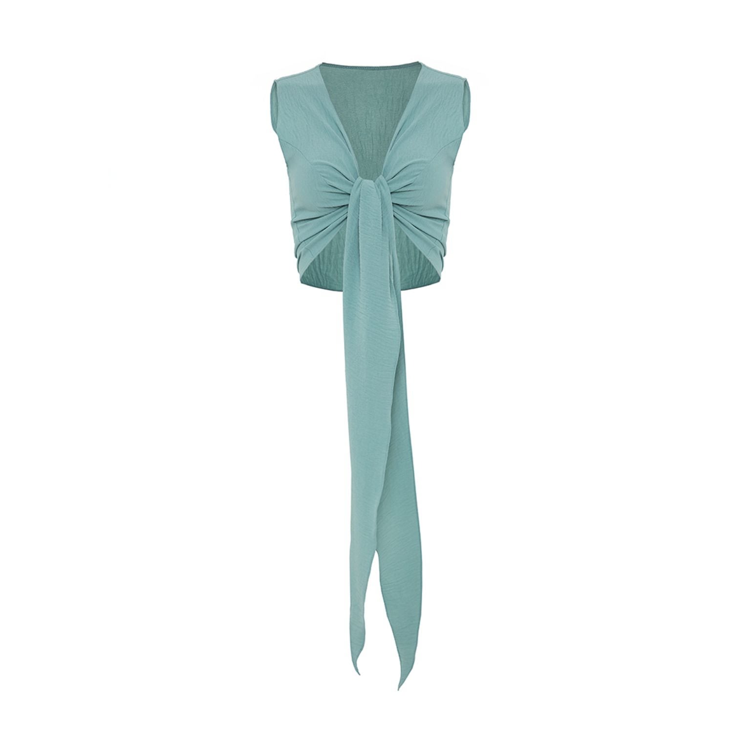 Azzalia Women's Green Soft Stretch Crepe Top With Bow In Jade In Green