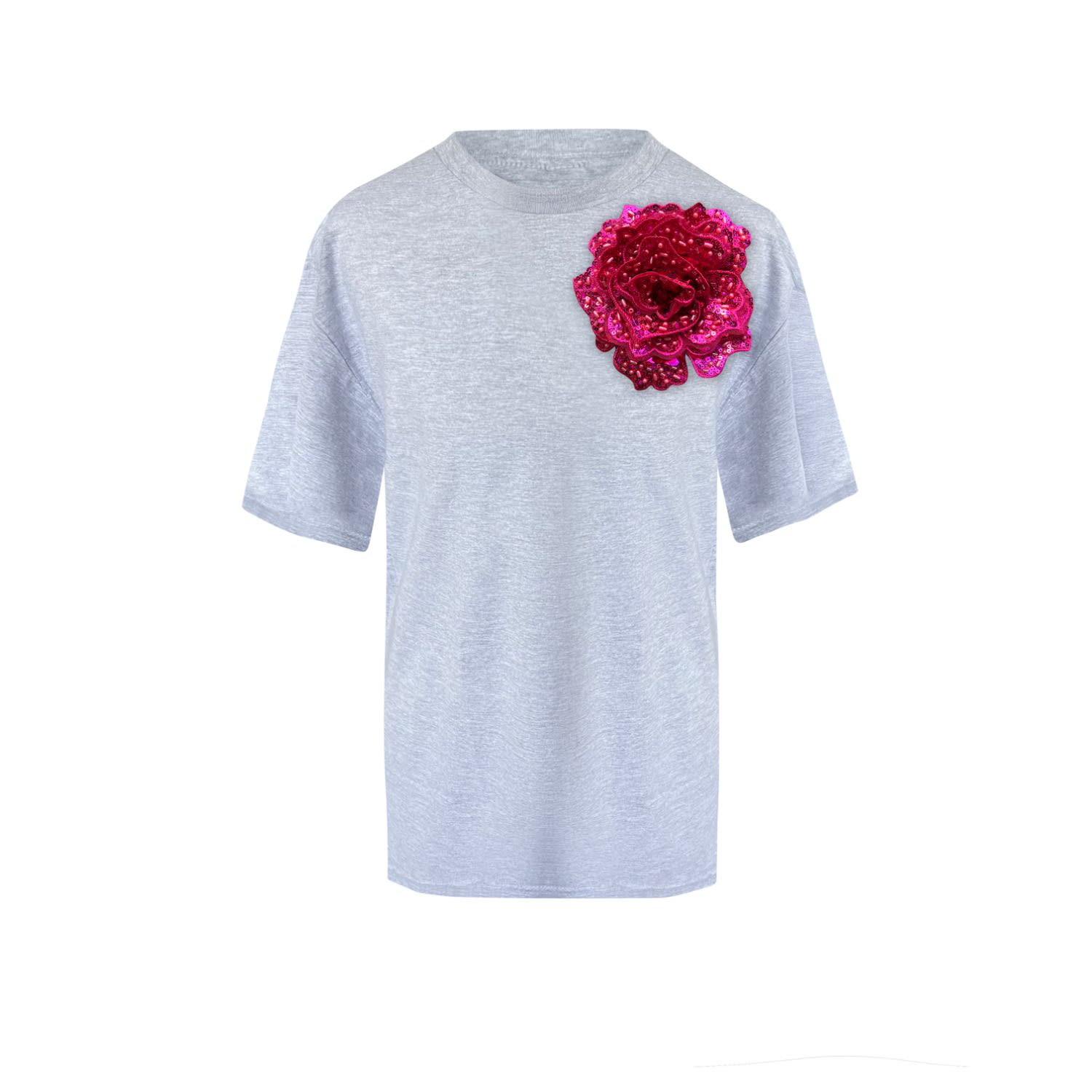 Toma Women's Grey / Pink Flower Grey Cotton T-shirt With Top Side Fuchsia Sequin Rose In Blue