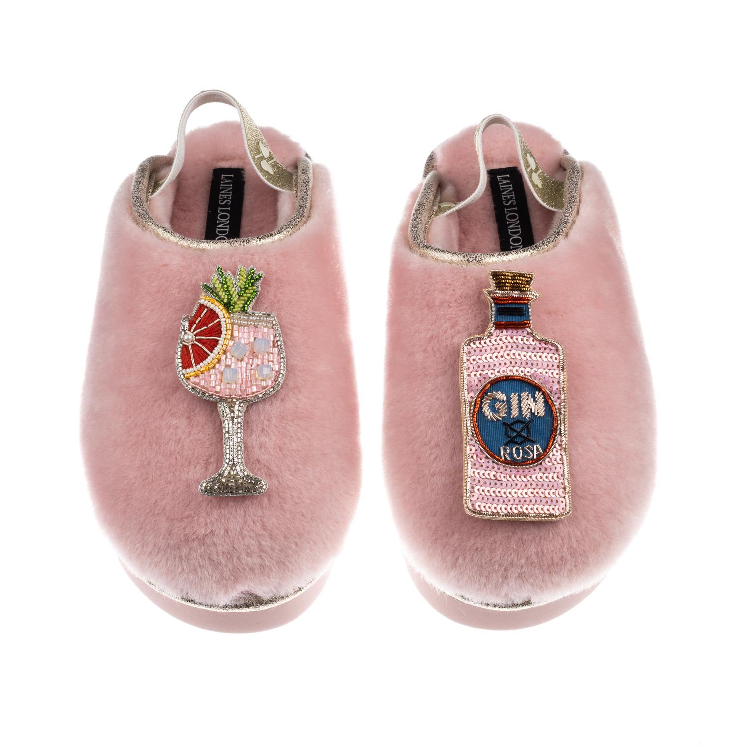 Laines London Women's Gold / Pink Flatform Cloud Slippers With Pink Rosa & Grapefruit Gin Brooches - Dusky Pink In Multi