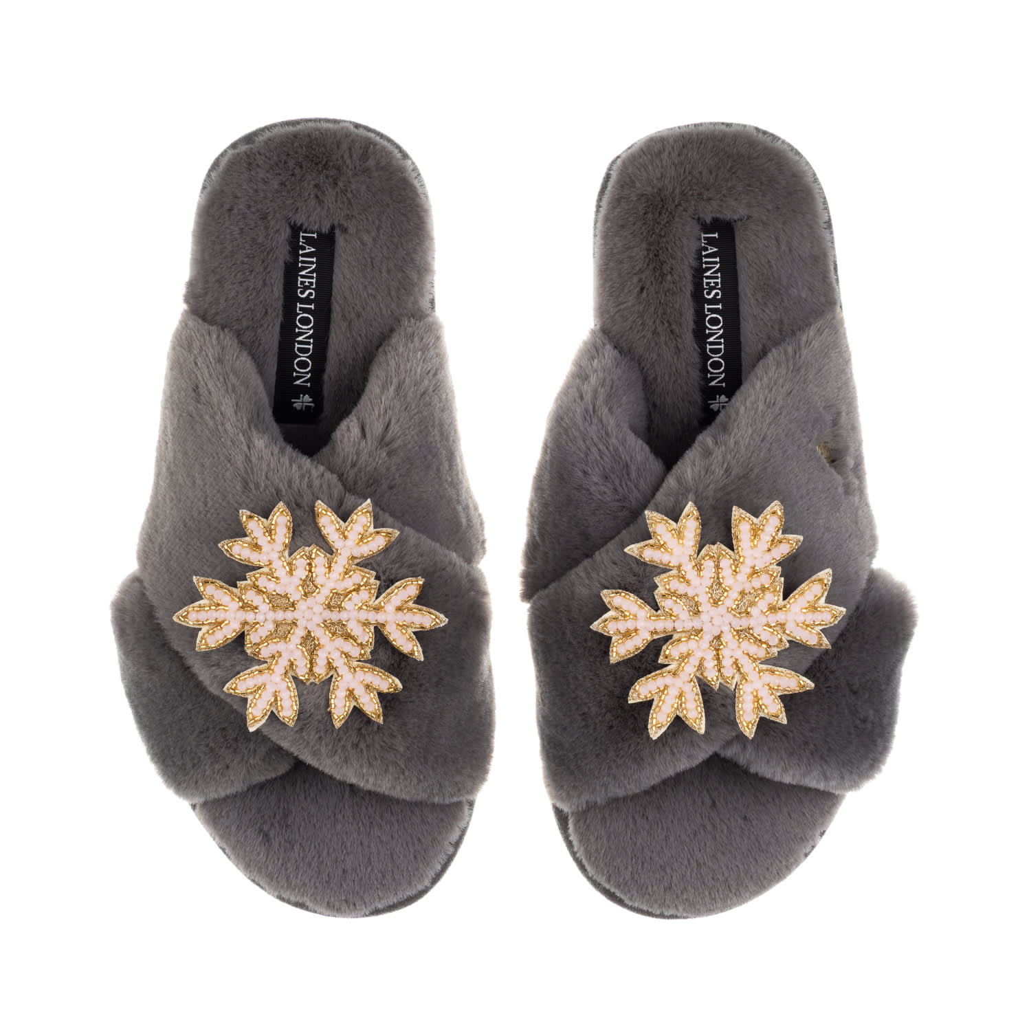 Laines London Women's Classic Laines Christmas Collection Slippers With Double Pink Snowflake Brooches - Grey In Gray