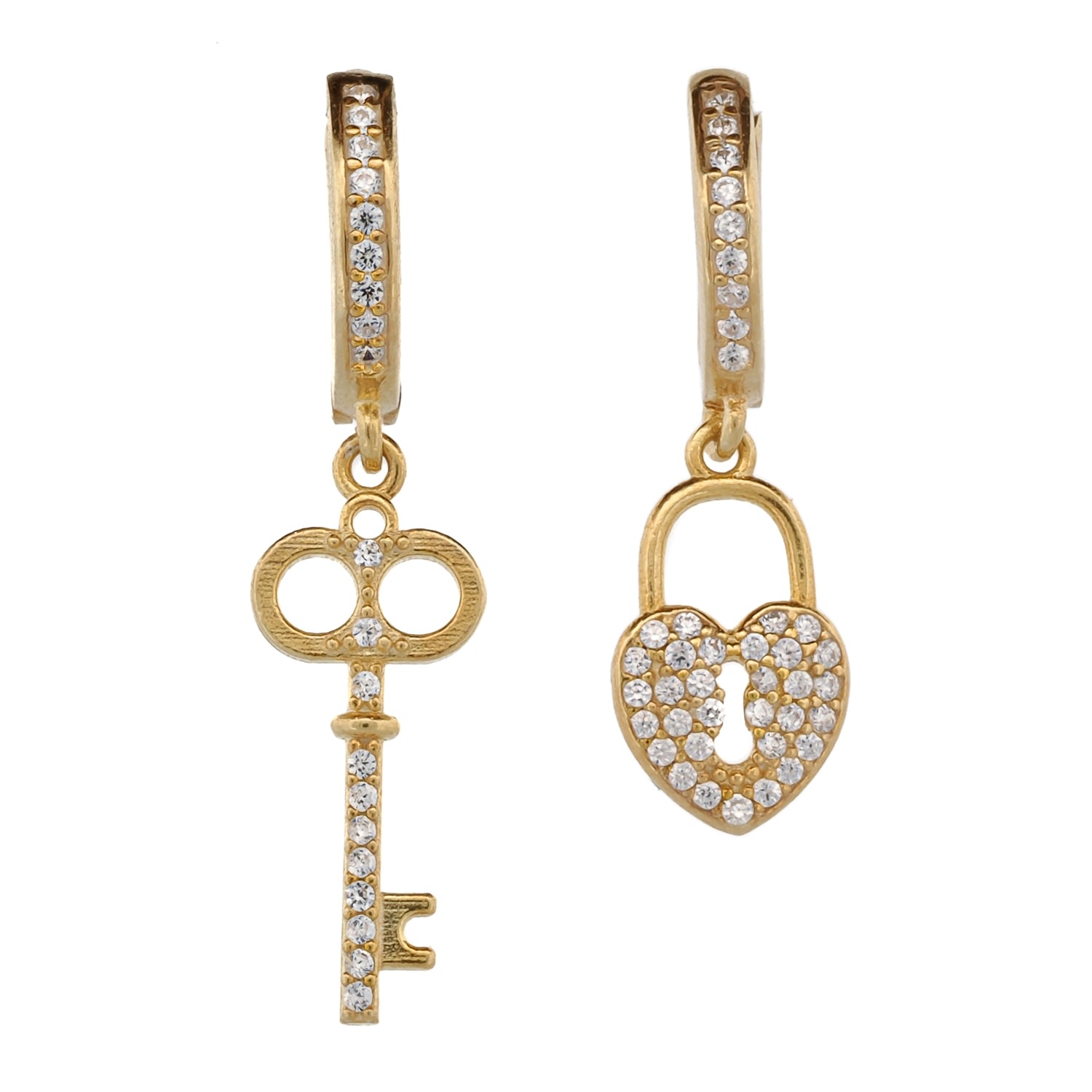 Women’s My Heart Is Yours Key & Heart Lock Gold Plated Diamond Earrings - Gold Ebru Jewelry