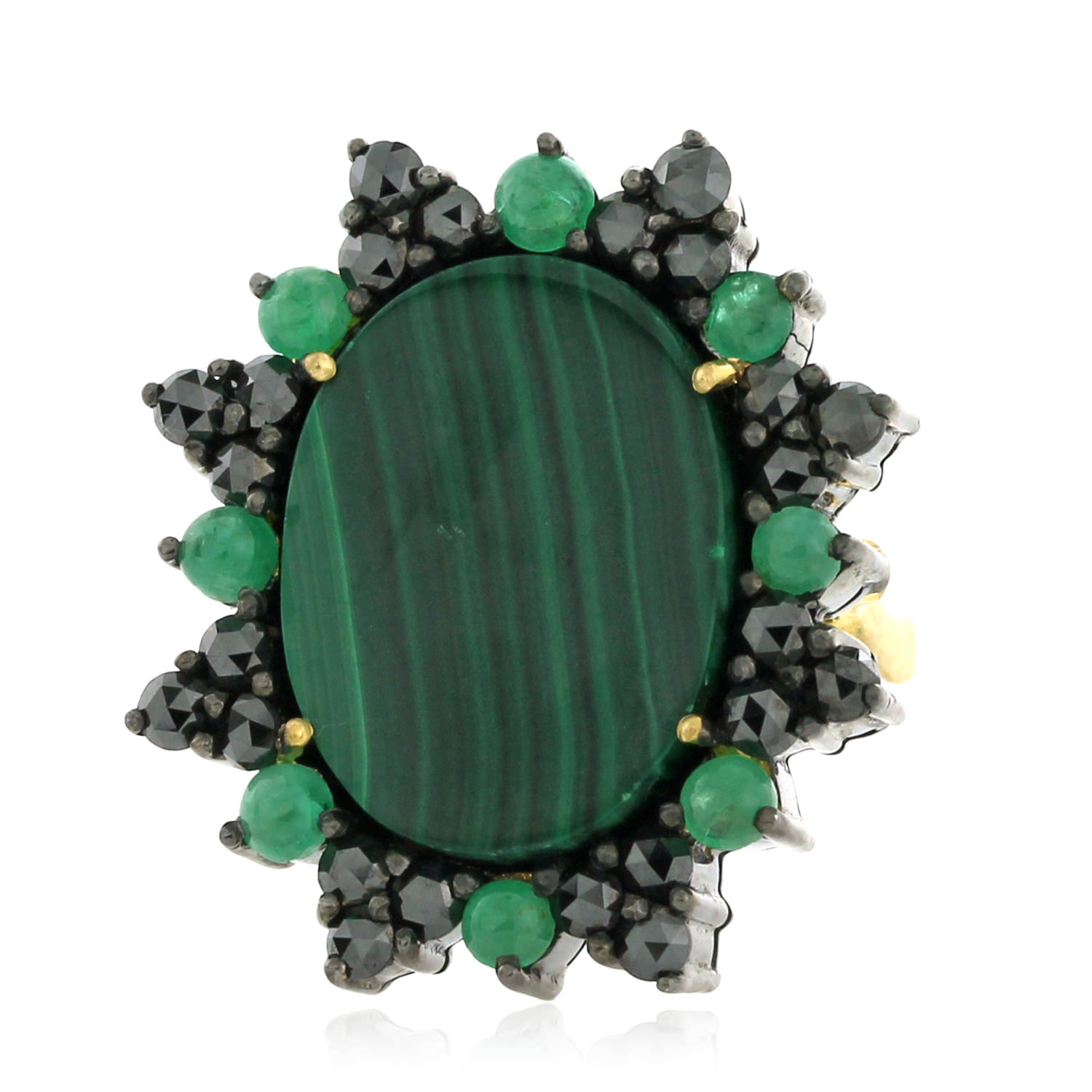 Women’s Green / Black Natural Malachite Cocktail Ring Diamond 18K Gold Sterling Silver Artisan